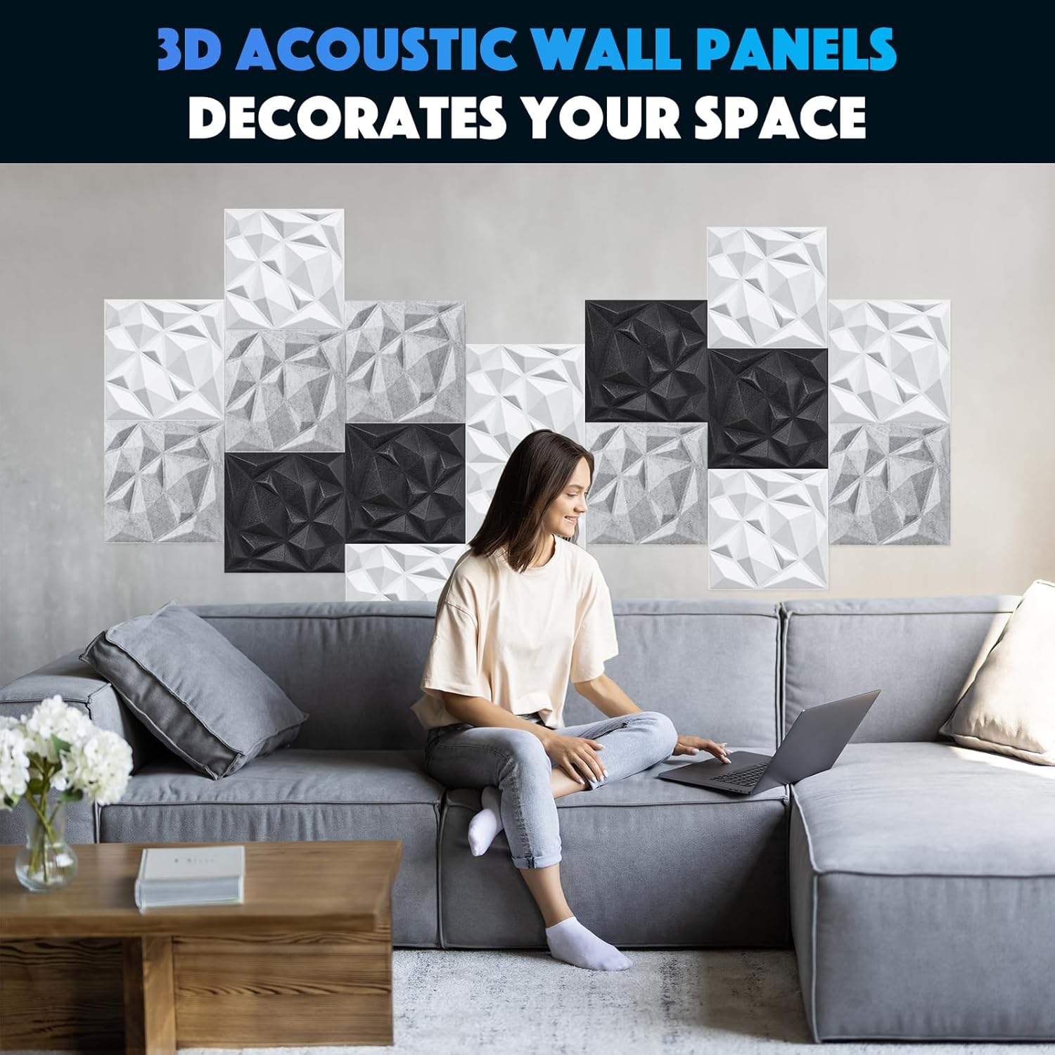 Acoustic 3D Wall Panels,24 Pack Sound Proof Felt Panels for Interior Wall Décor, Hollow Sound Absorbing Panel for Studio, Living Room, Home, Hotel, 12''x12'' Cover 24 sq ft (Black, 24 Pack)