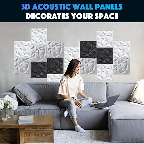 Miniatura 5 de Paneles de pared acústicos 3D, paquete de 12 paneles cuadrados a prueba de sonido para decoración de pared interior, panel hueco absorbente de
