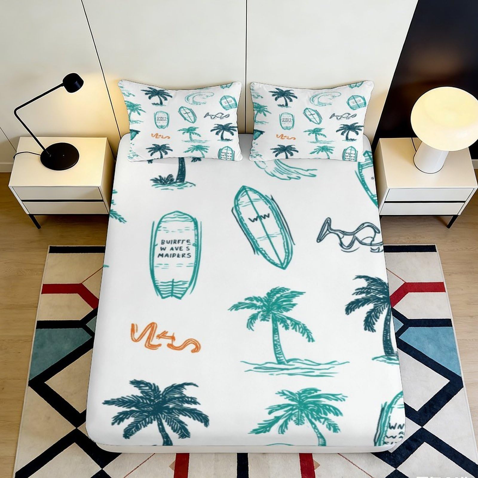 Jqzkxnhpbr Style-8 3D Printed Palm Tree Fitted Sheet Microfiber Surfboard Bed Cover Tropical Beach Vibe Mattress Protector For Bedroom Guestroom 90X200x25cm