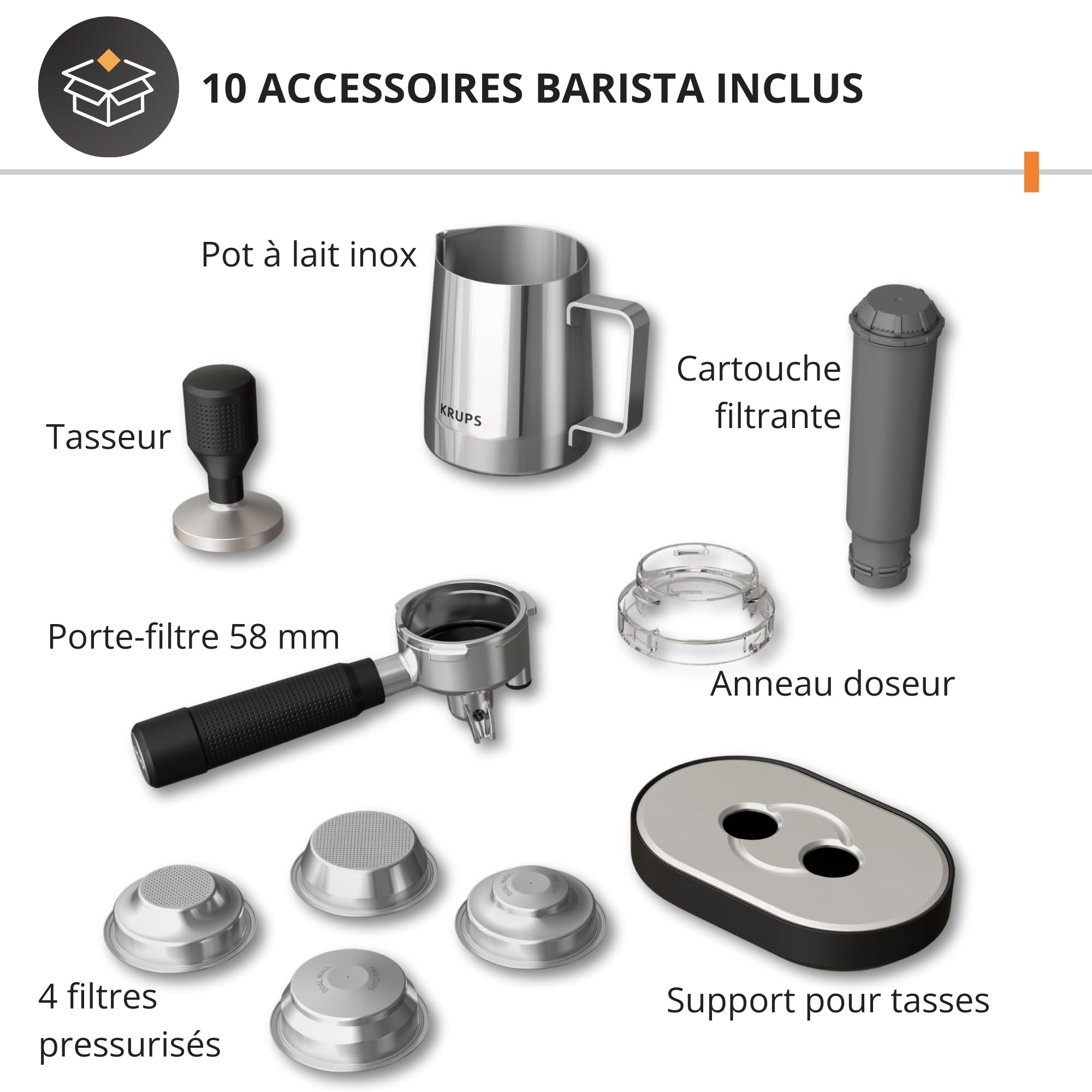 Krups Precision, Machine Expresso Manuelle avec moulin, 30 Niveaux de mouture, 15 Bars, Buse Vapeur, 3 Températures, Interface Intuitive, Cappuccino, XP801T10, Silver