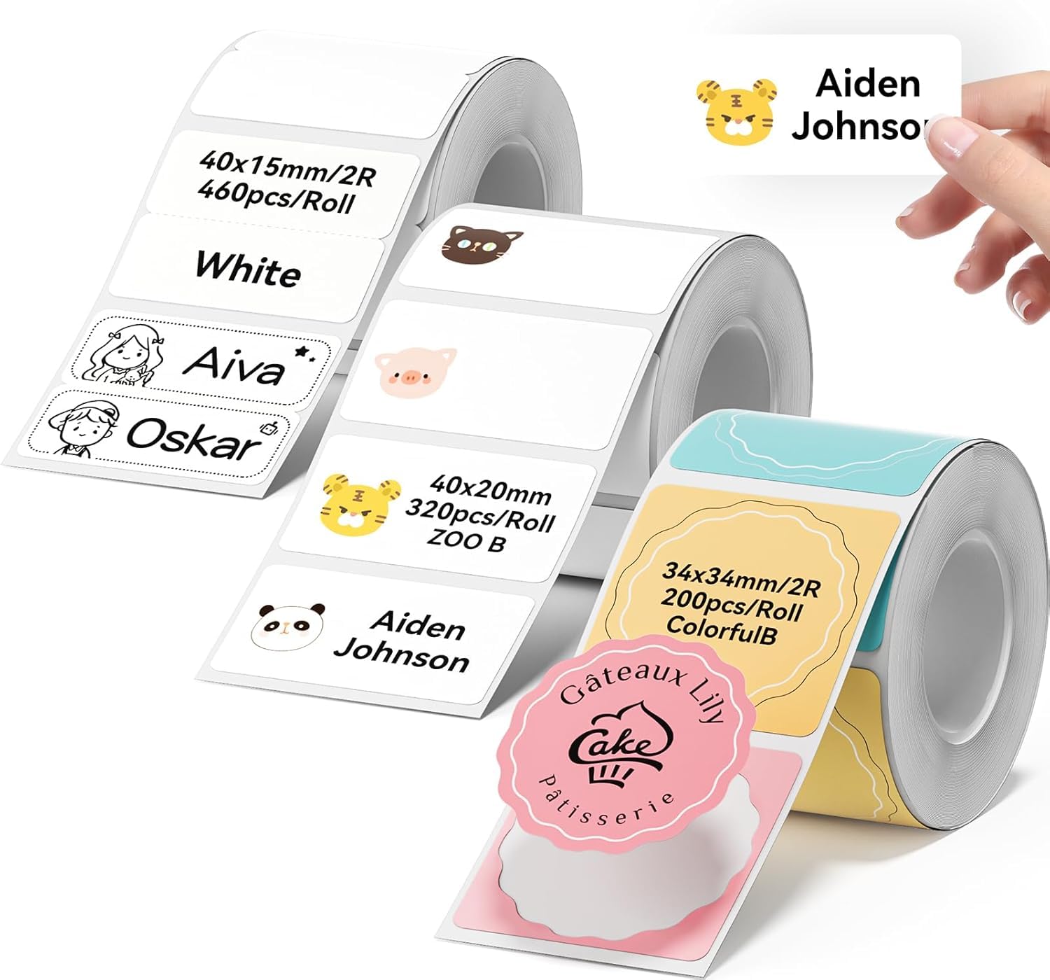 3 rotoli di etichette nome per etichettatrice NIIMBOT B1, B21, B31 e B21 Pro (34 x 34 mm, 40 x 20 mm e 40 x 15 mm), etichette termiche personalizzabili per casa, scuola e ufficio