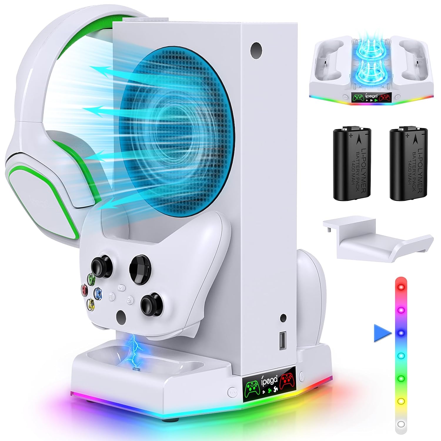 Cooling Stand & Charging Station for Xbox Series S with RGB Light Strip,Dual Controller Charger & Cooler Fan for XSS Console Accessories with 2*1400mAH Rechargeable Battery Pack,1*Headphone Hook,White Cooling Stand & Charging Station for Xbox Series S with RGB Light Strip,Dual Controller Charger & Cooler Fan for XSS Console Accessories with 2*1400mAH Rechargeable Battery Pack,1*Headphone Hook,White