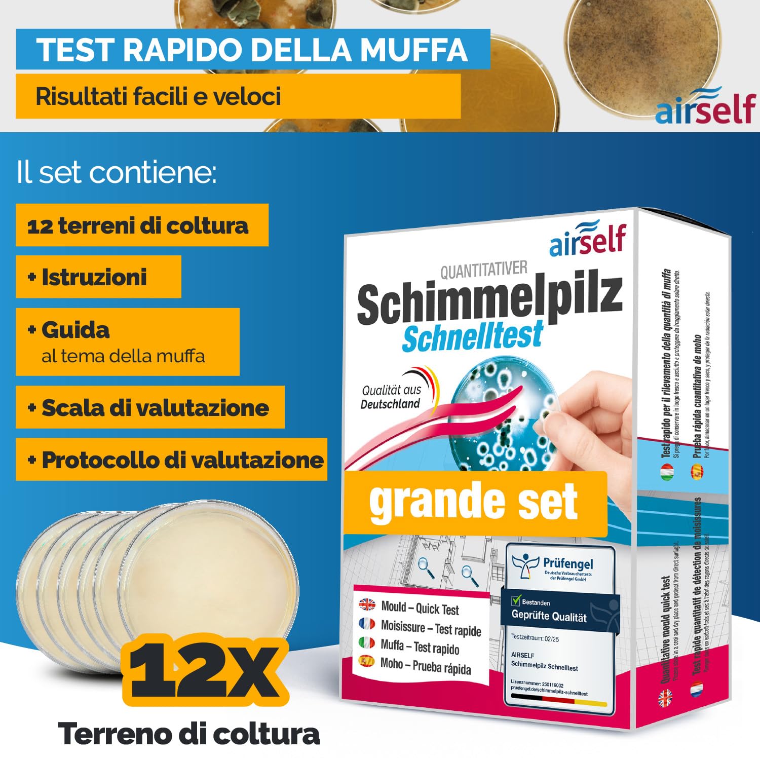 Test muffa airself multipack – kit con 12 terreni di coltura per analisi dell’aria interna e rilevamento delle spore in più ambienti