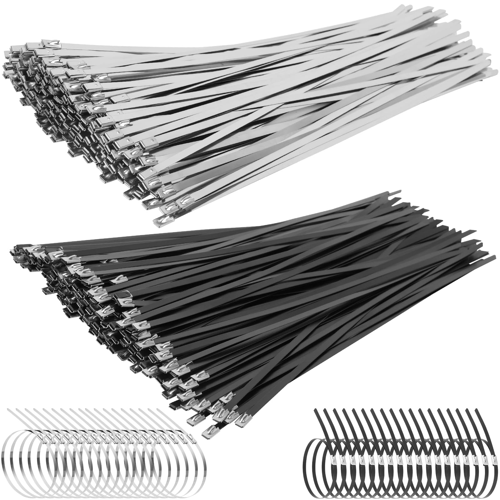 500PCS Metal Zip Ties, Silver Black 12 Inch Heavy Duty Metal Zip Ties, Multi-Purpose Self-Locking Cable Tie for Vehicles Farms Plants Fences Pipe Bundling