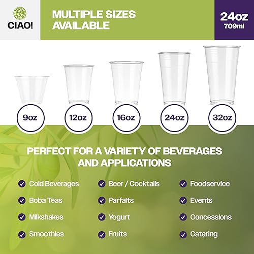 Miniatura 5 de CIAO! Vaso de plástico PET de 24 onzas para bebidas frías, ideal para batidos, café helado y bebidas frías, 3.858 in (caja de 600)