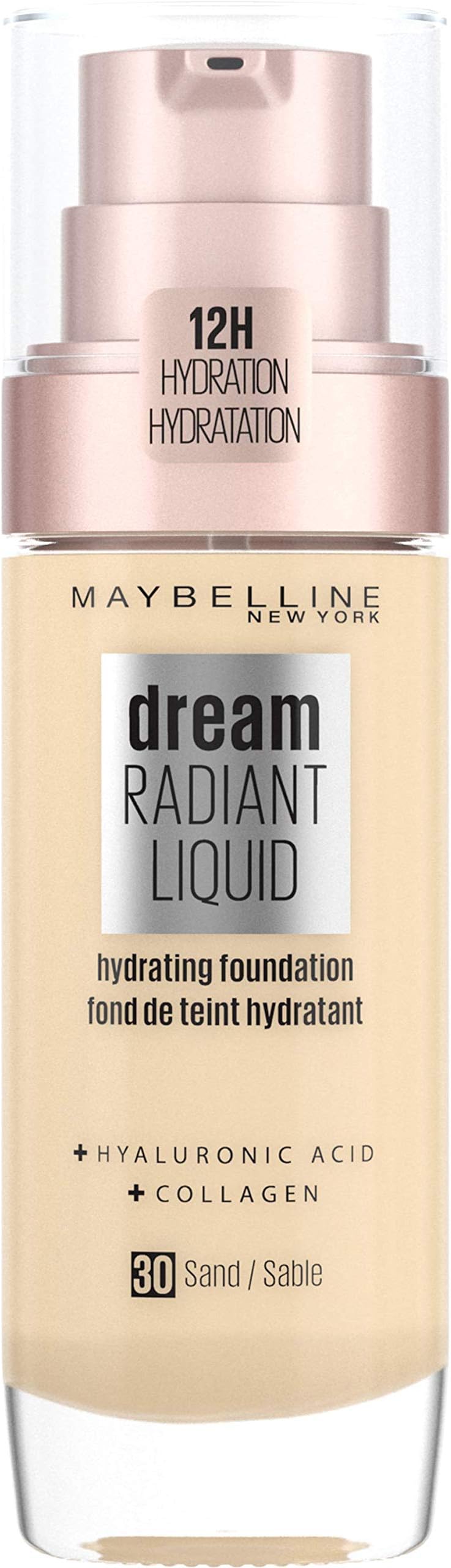 Foundation, Dream Radiant Liquid Hydrating Foundation with Hyaluronic Acid and Collagen - Lightweight, Medium Coverage Up to 12 Hour Hydration, 30 Sand