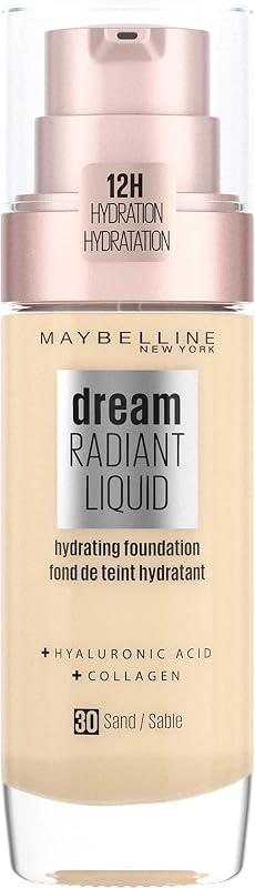 Maybelline Foundation, Dream Radiant Liquid Hydrating Foundation with Hyaluronic Acid and Collagen - Lightweight, Medium Coverage Up to 12 Hour Hydration, 30 Sand