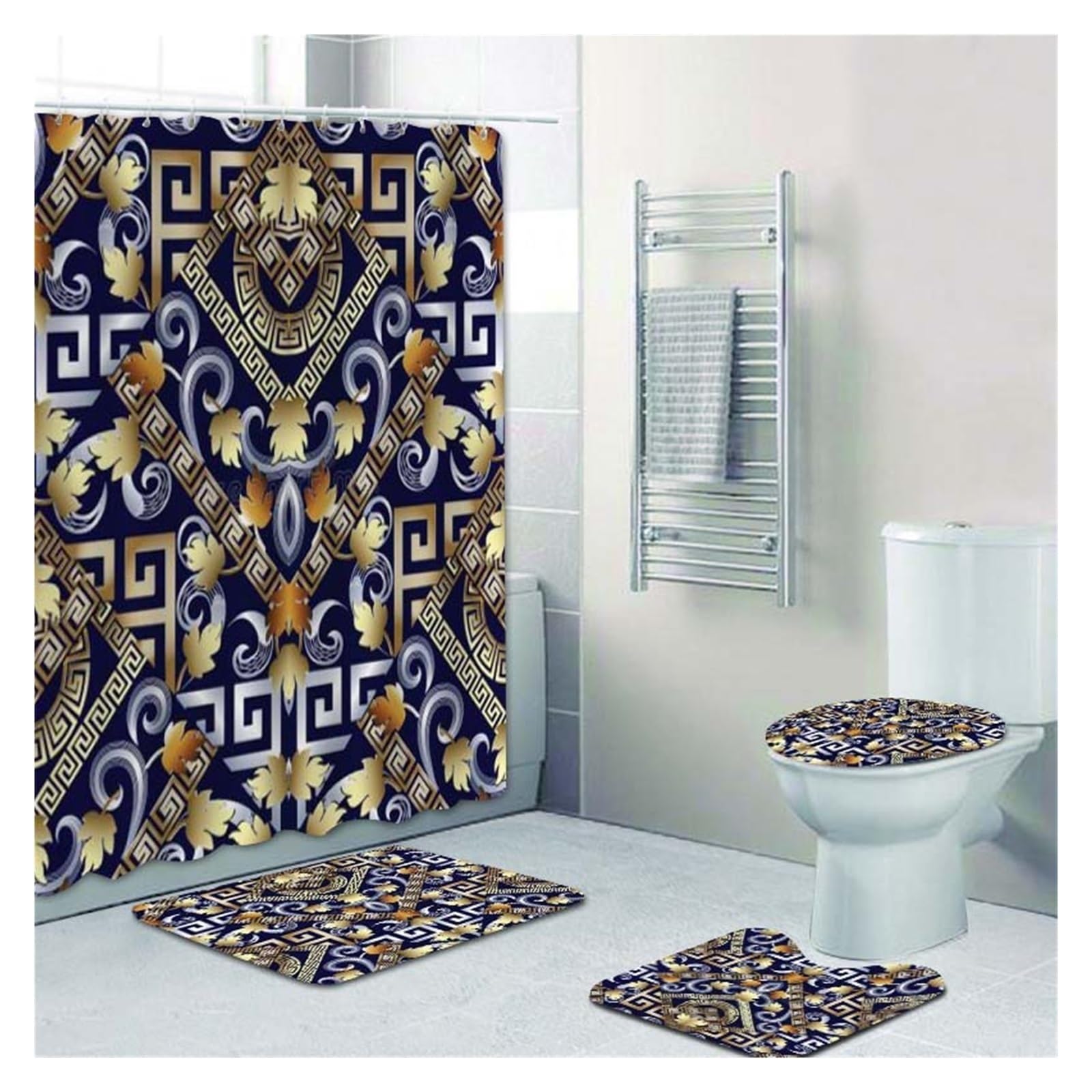 GSJNHY Pattern Shower Curtain and Rug Set Abstract Geometric Bathroom Mats Rugs Toilet Decor Mat (Color : YLQ3046-4PCS Set7)