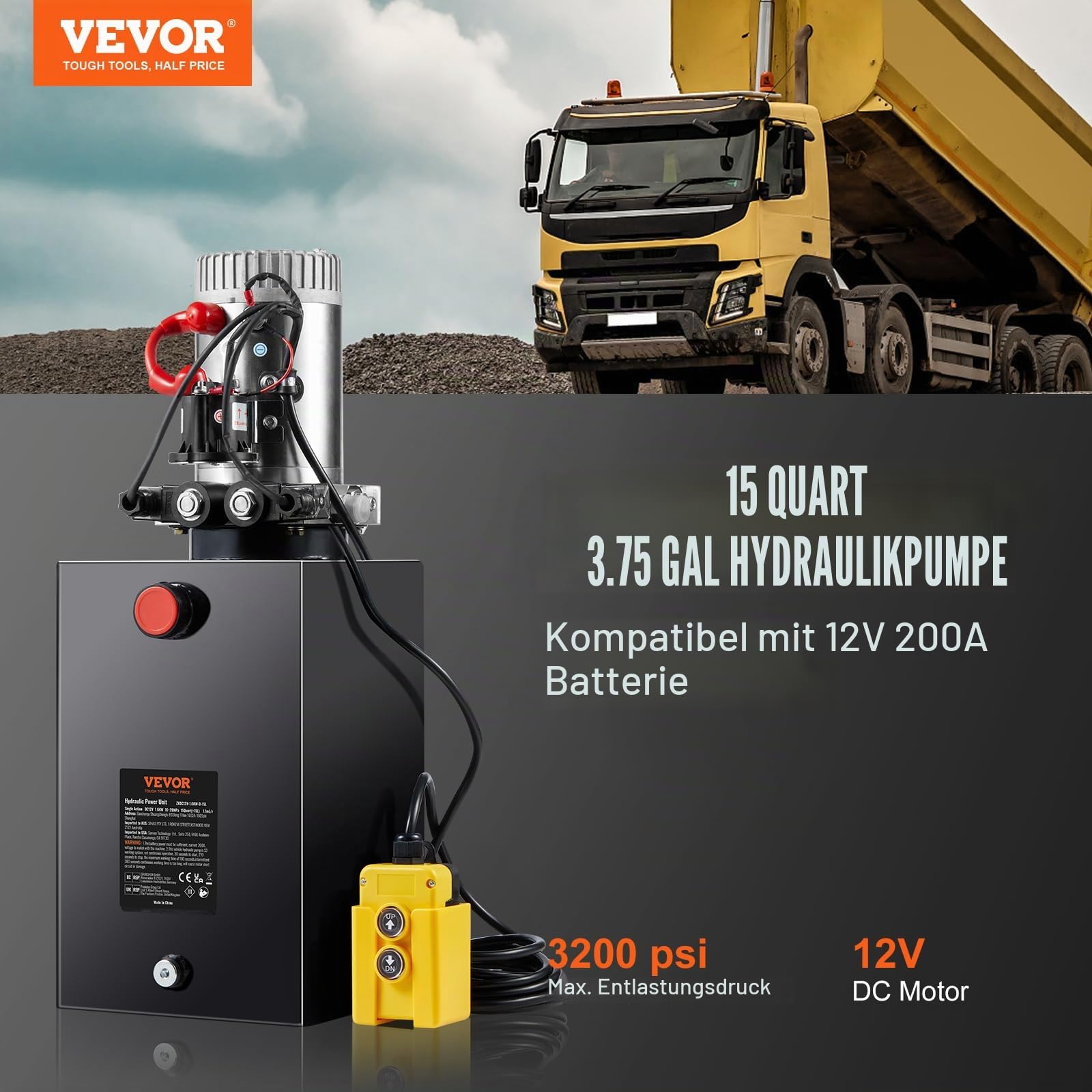 VEVOR Hydraulikpumpe Hydraulikaggregat 12V 14L Hydraulikaggregat 1600 W, Doppelwirkende Hydraulikpumpe Hydraulic Power Pack, 3,75 Gal Tank Hand Pump Hydraulikaggregat, für Aufzüge, Gabelstapler usw.