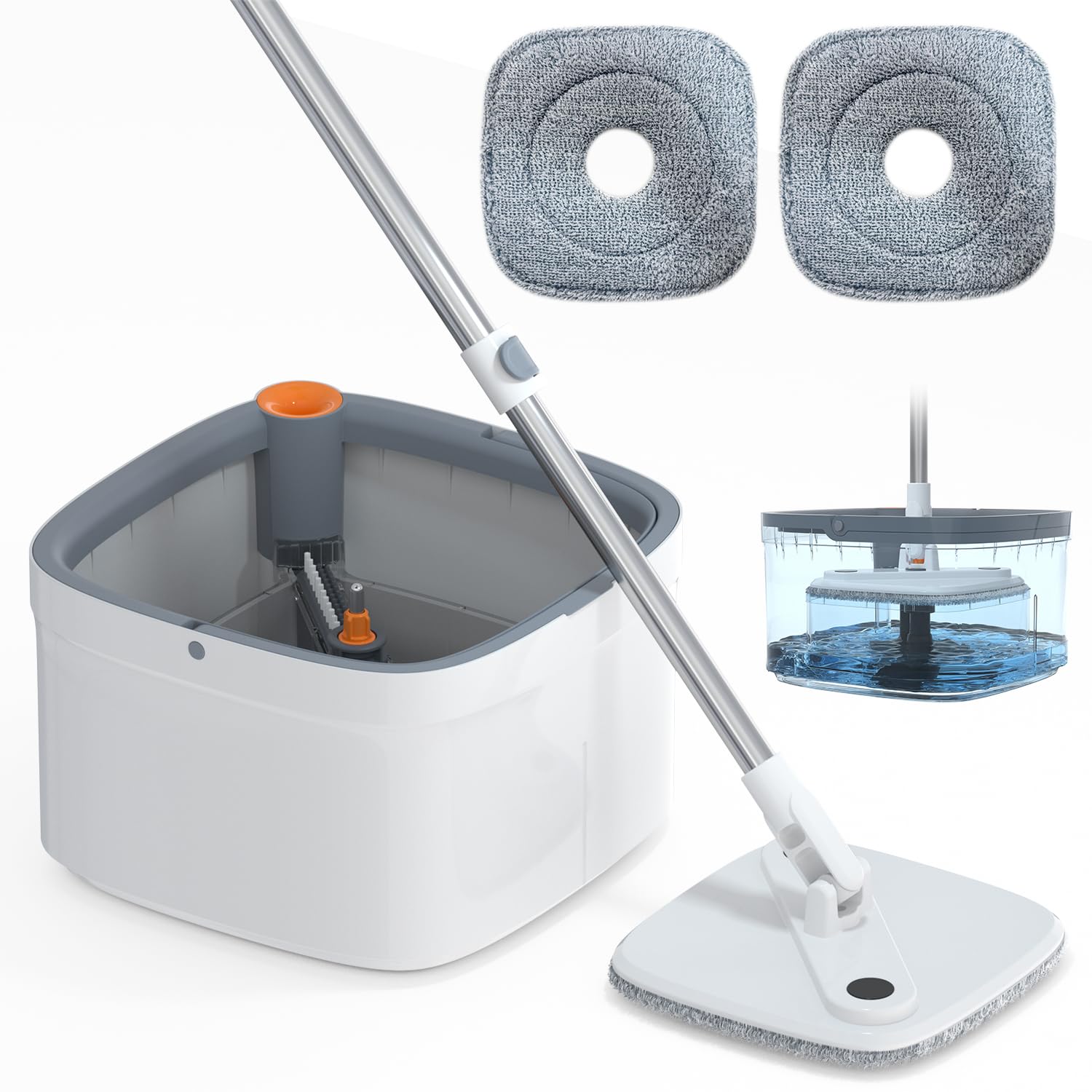 LUBBYGIM Spin Mop and Bucket Set with Self Separation Dirty and Clean Water System Self Wringing 360° Rotating Square Mop-Head, Separation Mop System with Detachable Reusable Mop Pad