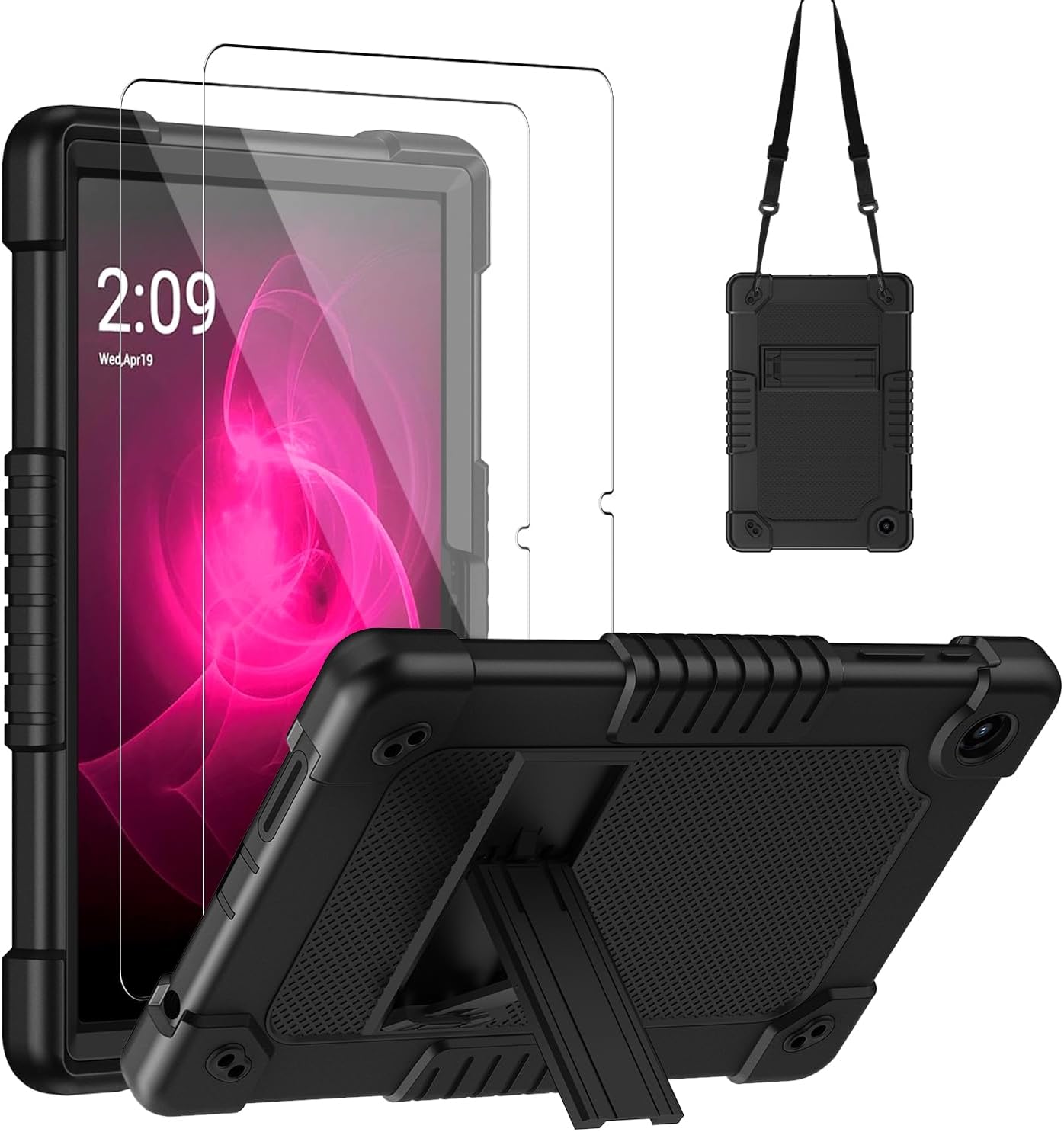 for Tmobile Revvl Tab 2 Tablet Case with 2 Pcs Screen Protector,Shockproof Kids Protective Case with Shoulder Strap Kickstand Cover for Tmobile Revvl Tab 2 Tablet 10.1 inch (Black)