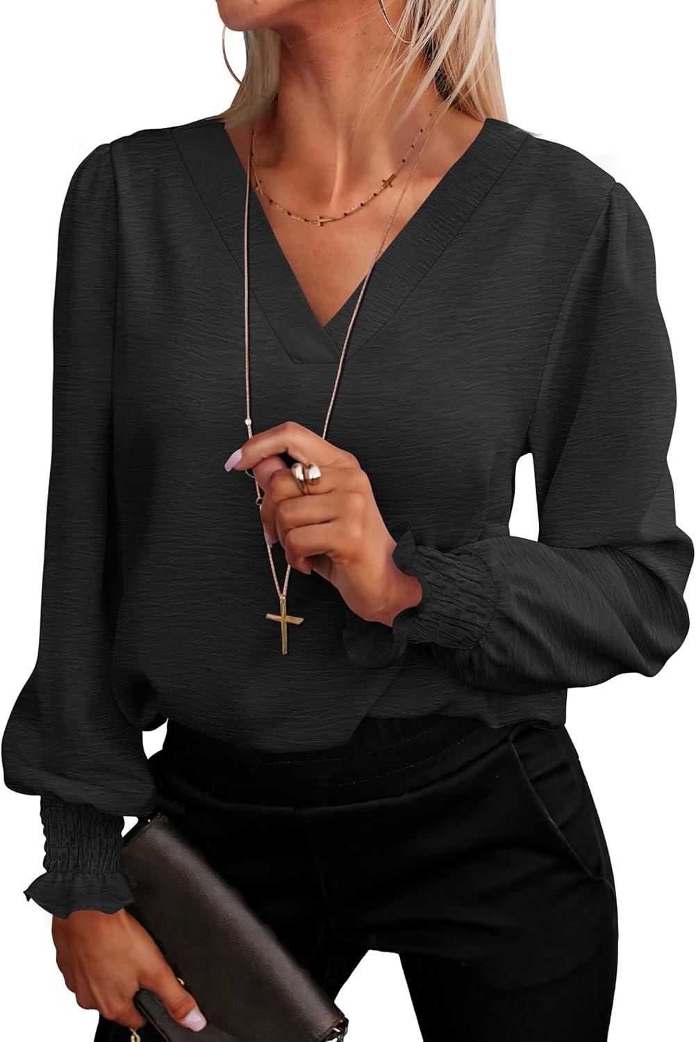 ANRABESS Women's Business Casual Tops V Neck Puff Long Sleeve Shirts Dressy Office Work Blouse 2026 Fall Outfits Clothes