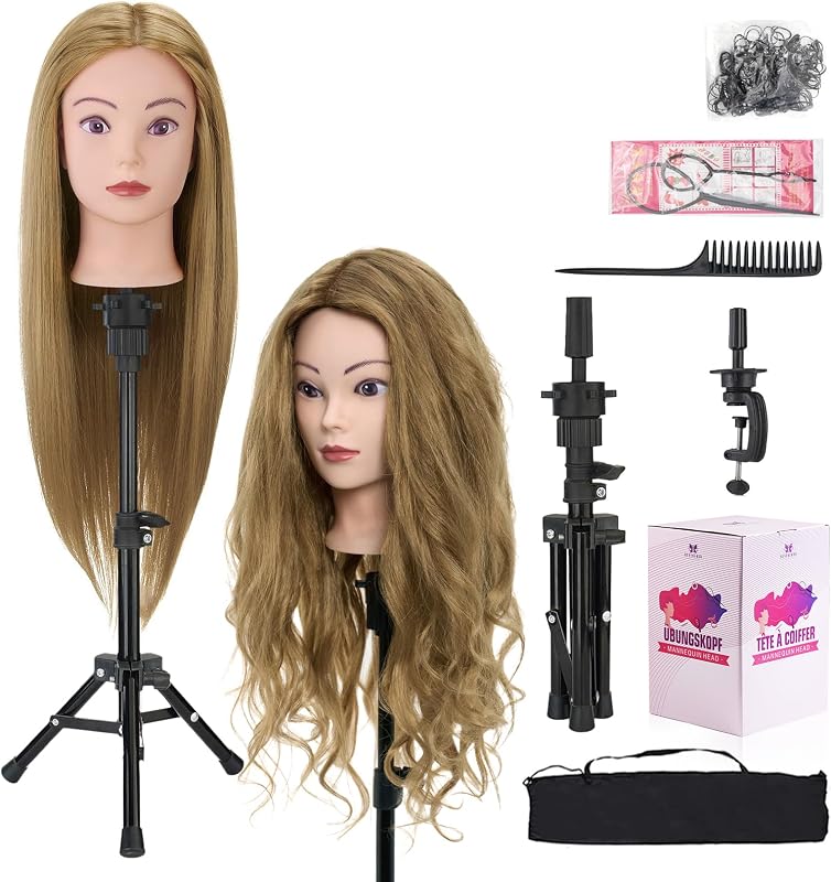 Cabeza de Maniquí de 28 Pulgadas 80% Cabello Humano con Soporte para Trípode, Maniquí de Cosmetología, Cabeza de Muñeca de Práctica con Soporte, Cabeza de Peluquería Trenzada para Peinado con Abrazadera de Mesa + Juego de Peinado DIY