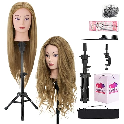 Miniatura 14 de Cabeza de maniquí de 28 pulgadas con 80 % cabello humano real, cabeza de muñeca para peinado, trenzado, rizado, cabeza de maniquí de cosmetología 60B