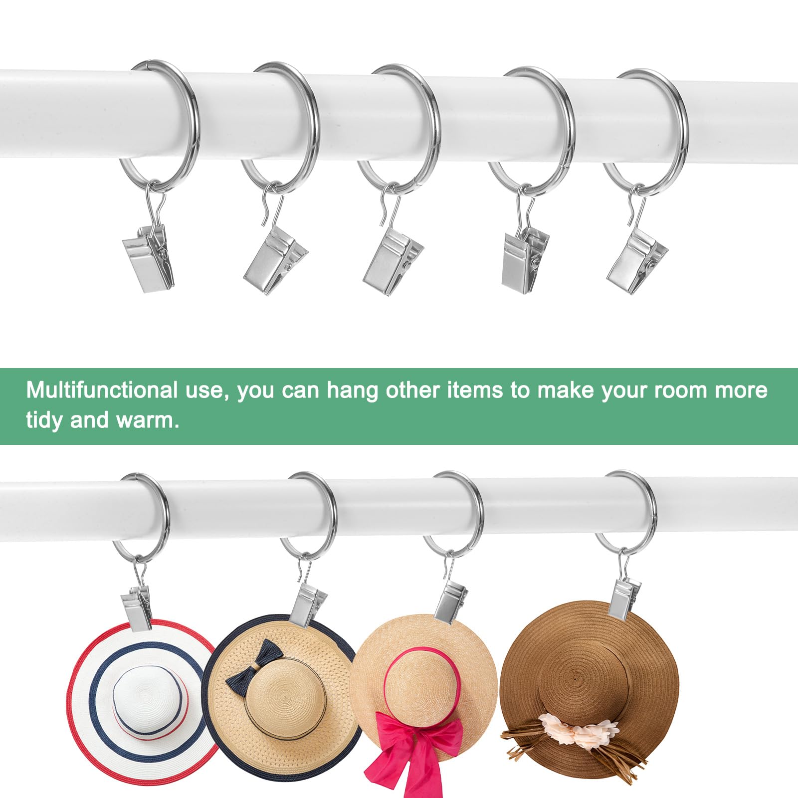 M METERXITY 100-Pack Mist Silver Curtain Rings with Clips, Rustproof Metal Curtain Hooks with Clips - Image 4