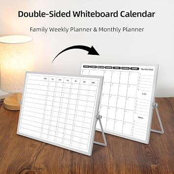 Chore Chart Double-Sided Whiteboard Calendar, Weekly and Monthly Planner for Desk and Wall, Family Planner, Cleaning Rota, Checklist Board, 40x30cm