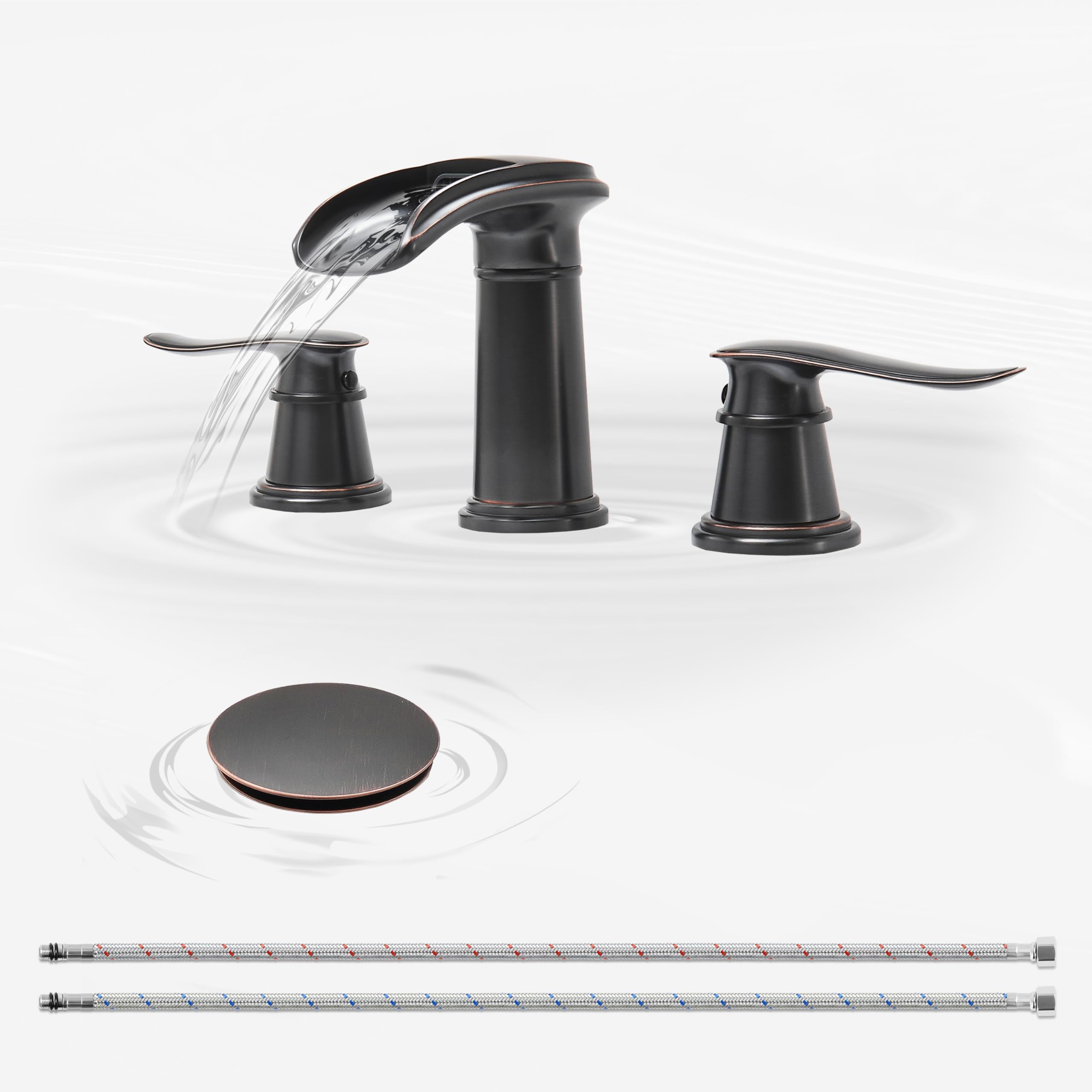 Sxithgkdw Oil Rubbed Bronze Waterfall Bathroom Faucet 3 Hole, 8 Inch Widespread Bathroom Sink Faucet, Brass Two Handle Bathroom Faucet With Pop-Up Drain, For Vanity, Lavatory Sink