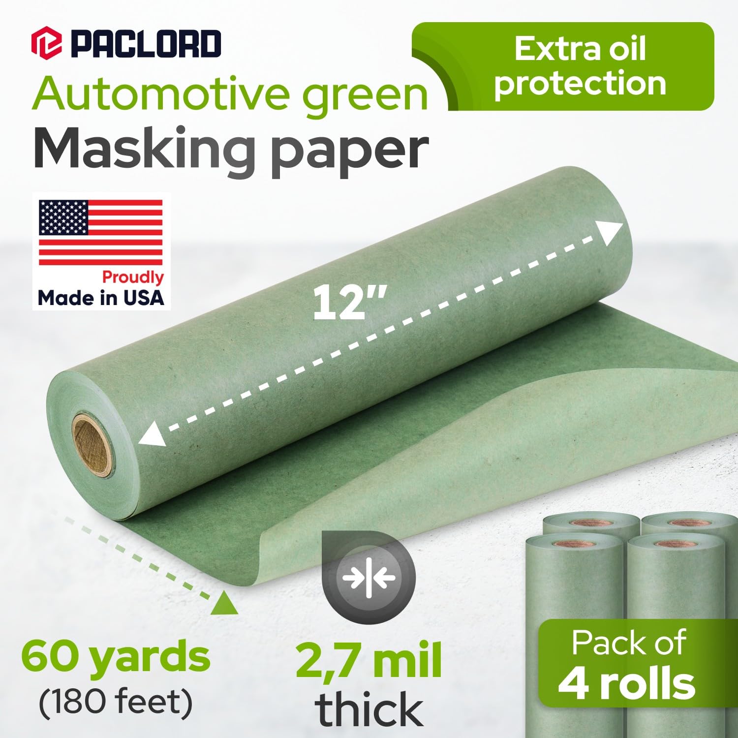 Papel de enmascarar verde de 12 pulgadas x 60 yardas con protección adicional al aceite para industrias de pintura automotriz (paquete de 4) – Papel de enmascarar fabricado en Estados Unidos