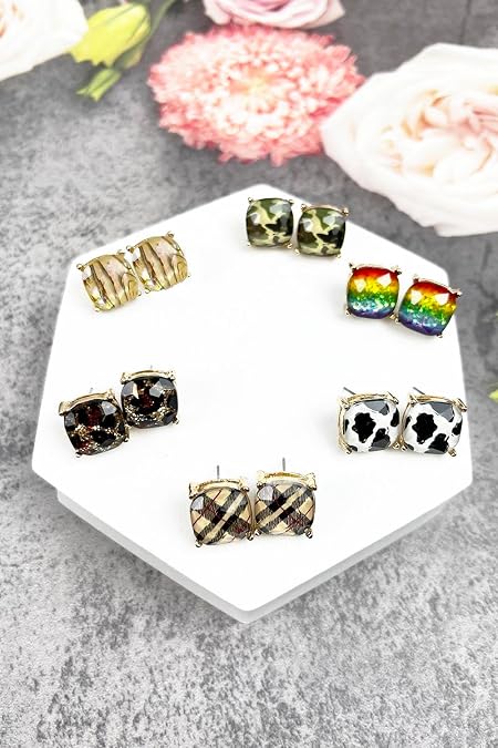 Sparkly Color Glass Post Earrings - Cushion Cut Solid, Square Lever, Round, Semi Precious Glitters Epoxy, For Women