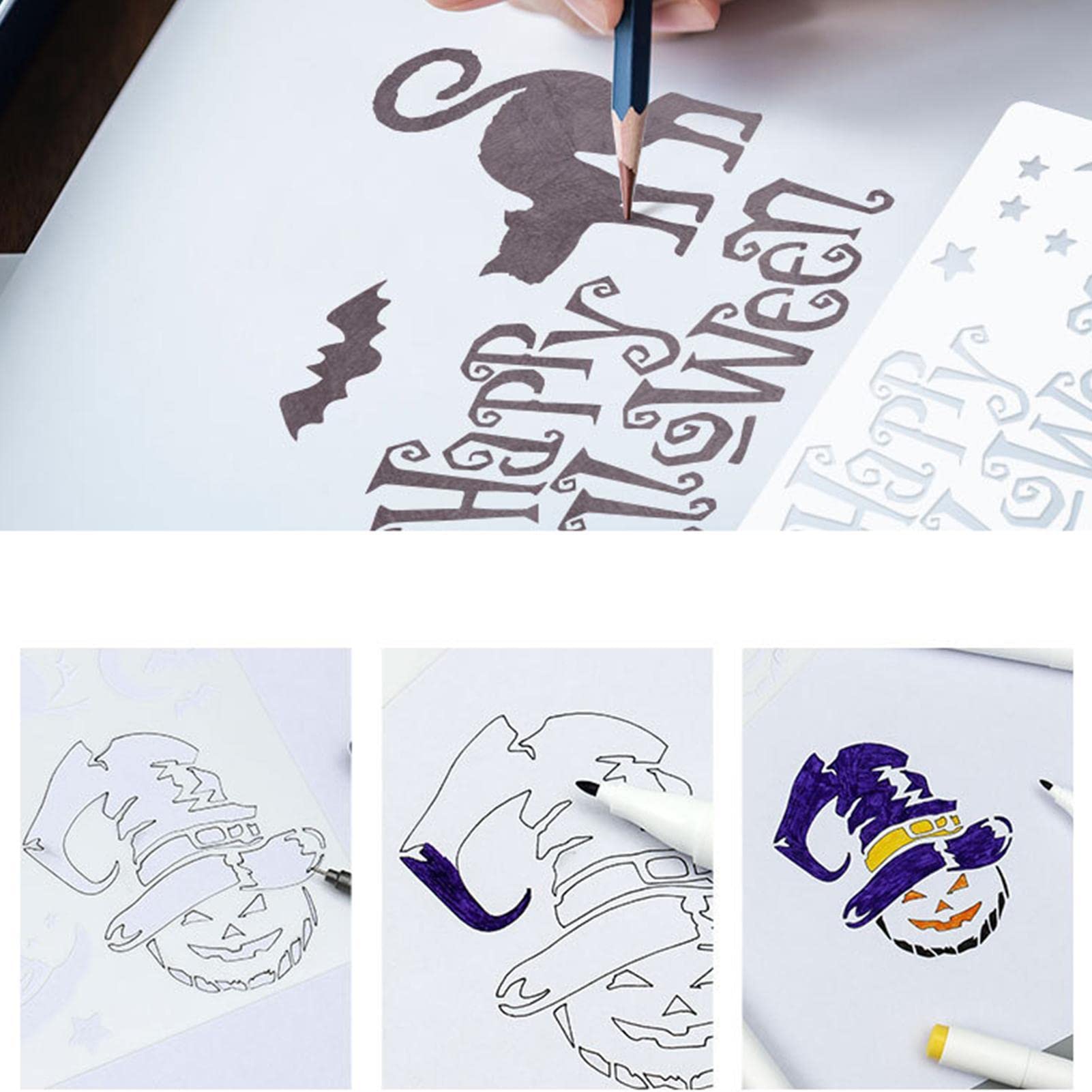 JINGLING 5 stencil per pittura di Halloween su legno | 24 stencil da disegno a tema Halloween per dipingere su legno | Modelli di disegno di Halloween riutilizzabili decorativi