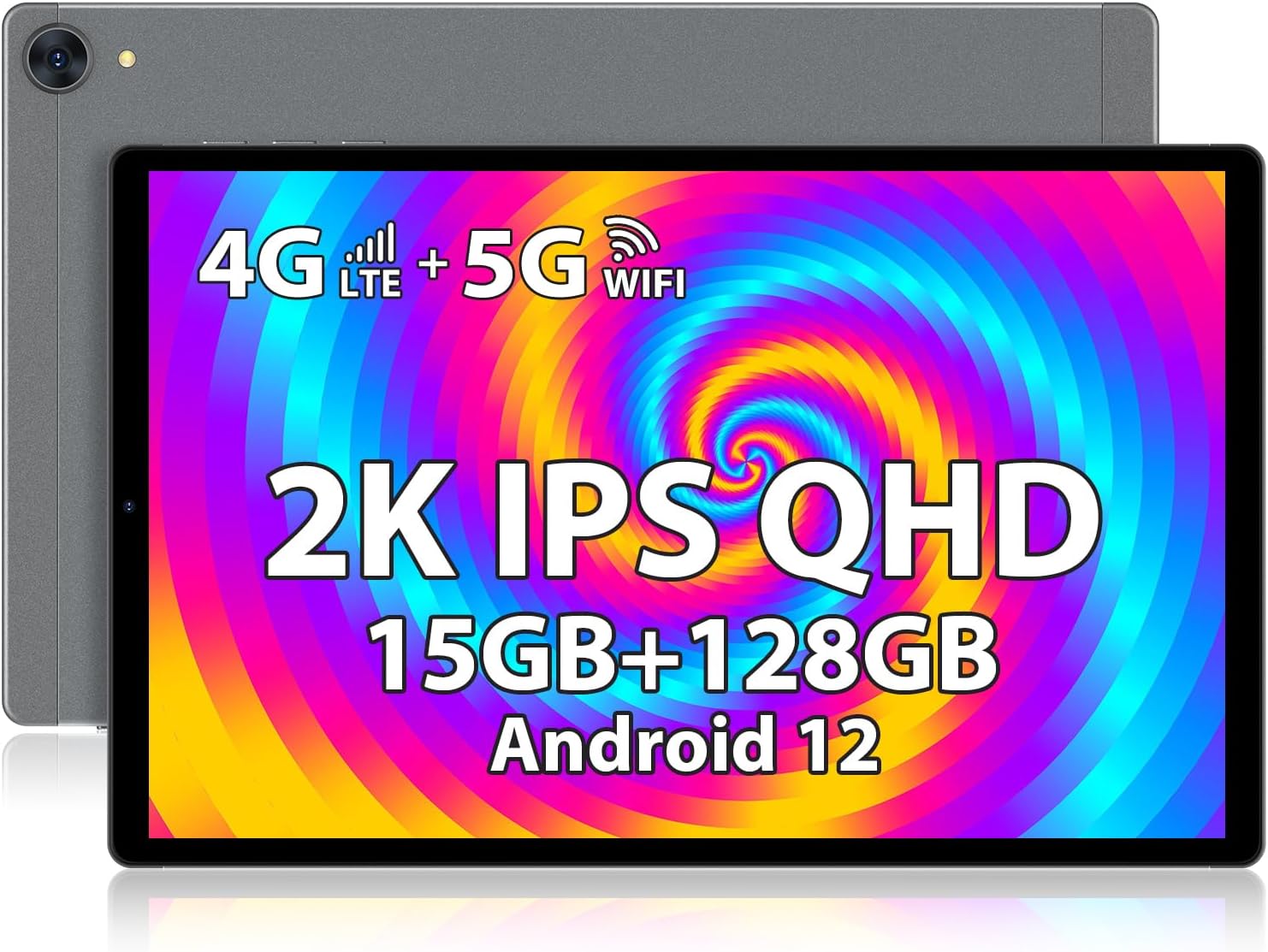 YUMKEM Tablet 2K QHD Tablets Android 12, 10.4″ Tablet PC Narrow Bezel, 4G LTE Call+5G WiFi, 15GB RAM+128GB ROM+1TB Expand, 13MP+8MP, Octa-core, 6000mAh, GPS/BT/Type-C/Stereo, Case with Stand, Grey