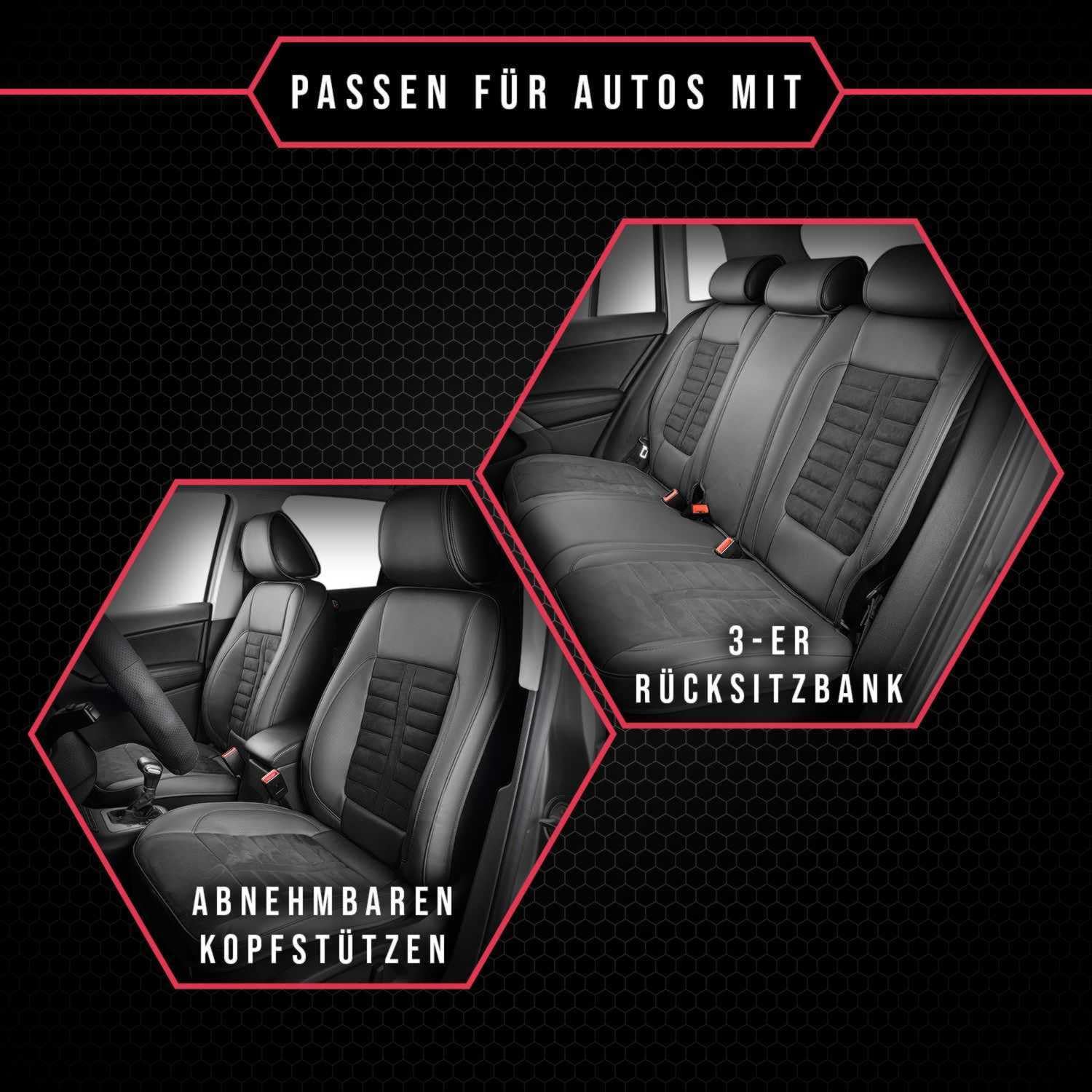 3er Set Saferide Autositzbezüge PKW universal | Auto Sitzbezüge Kunstleder Grau für Airbag geeignet | für Vordersitze und Rückbank | 1+1 Autositze vorne und 1 Sitzbank hinten teilbar 2 Reißverschlüsse