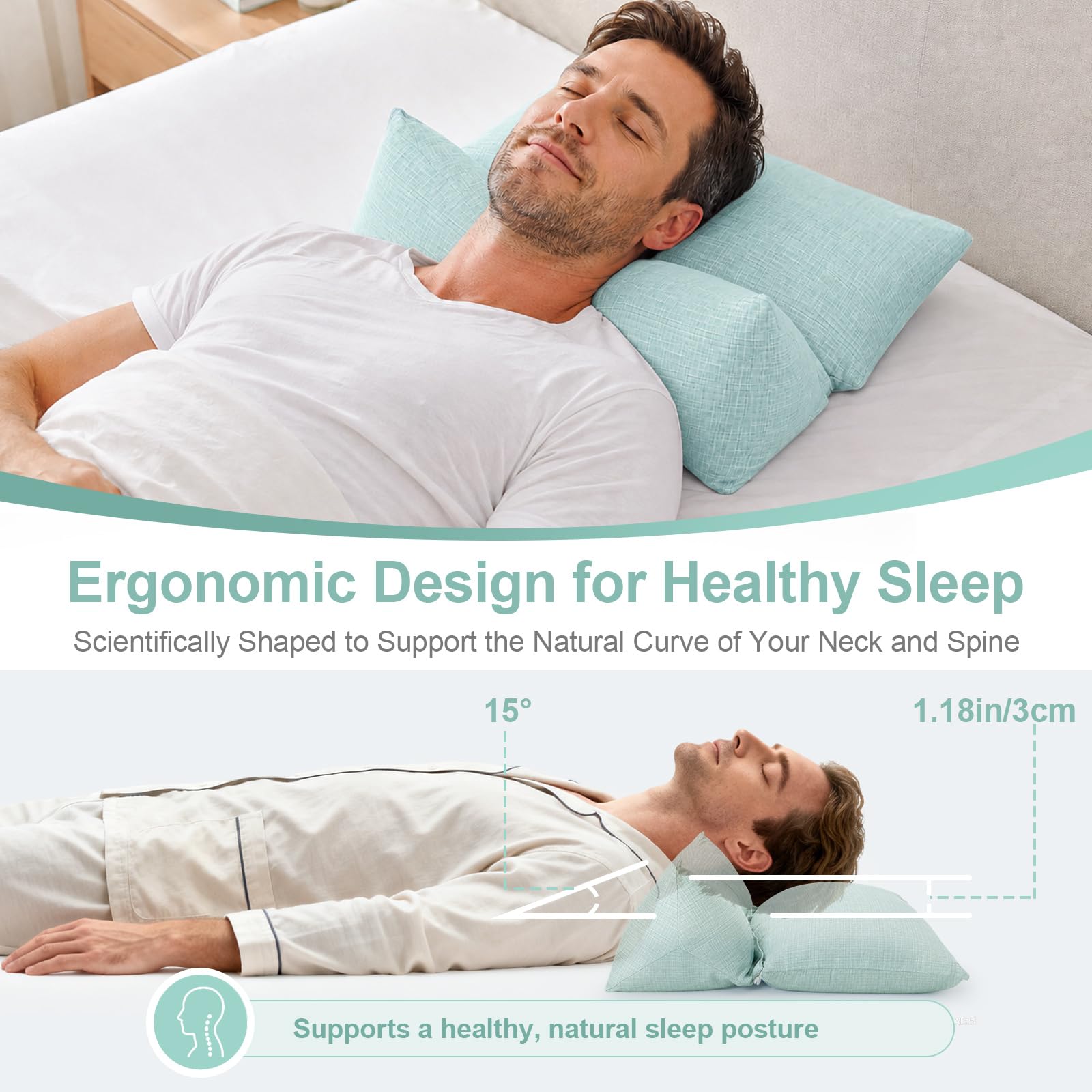 vocheer Almohada desmontable 3 en 1 de trigo sarraceno para dormir, 45,7 x 35,5 cm, almohada cervical para aliviar el dolor, altura y firmeza ajustables, apoyo firme para personas que duermen de