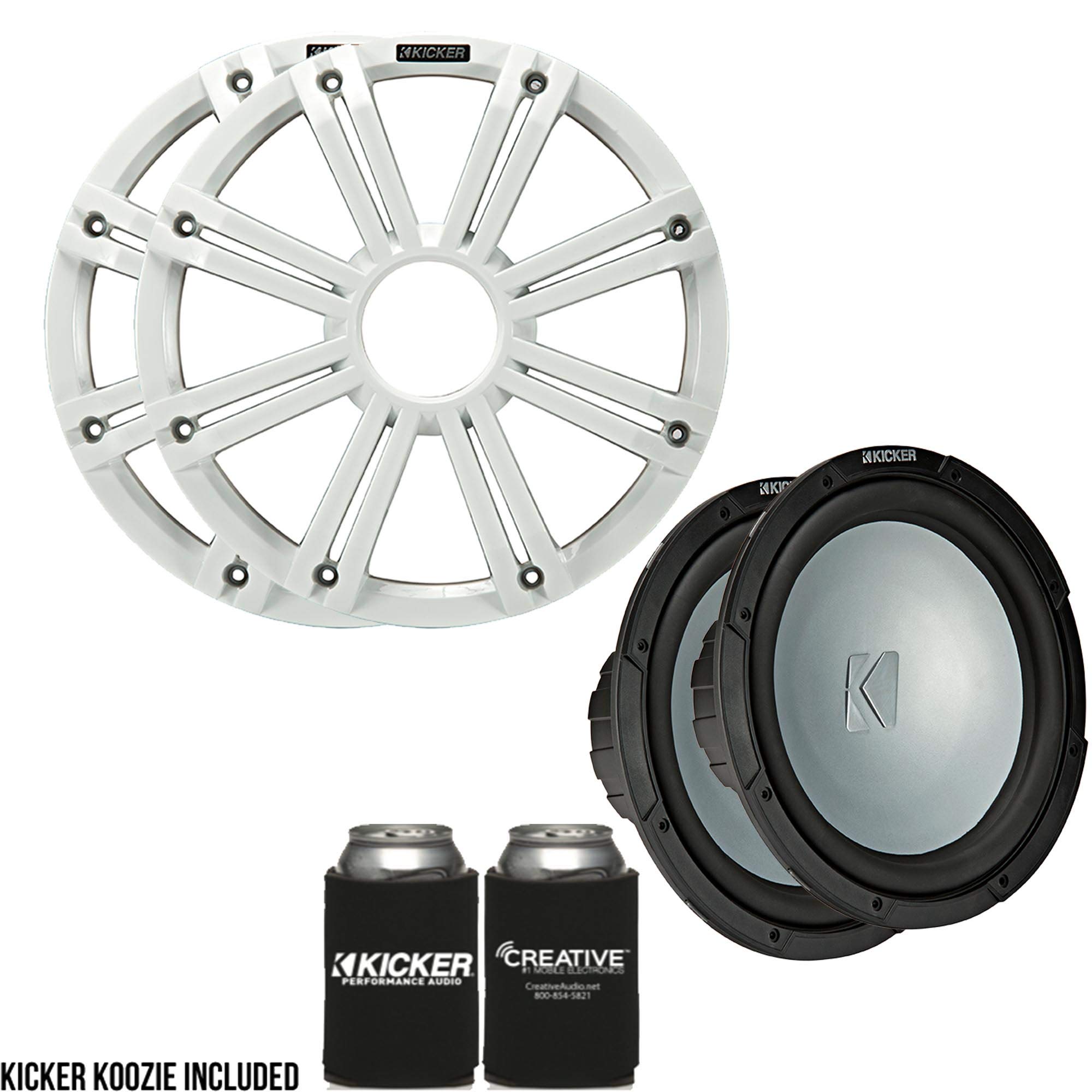 Kicker - Two 10 Inch LED Marine Subwoofers in White, 2 Ohm Bundle 4 Ohm Each