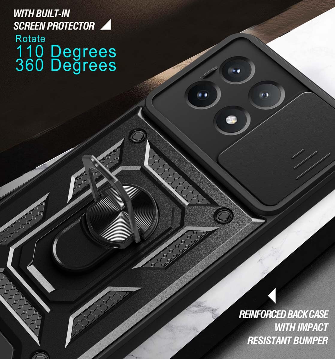 GOKEN Cover Xiaomi Poco X6 Pro | Custodia Armor Doppio Strato Con Protezione Lente Scorrevole E Anello 360°