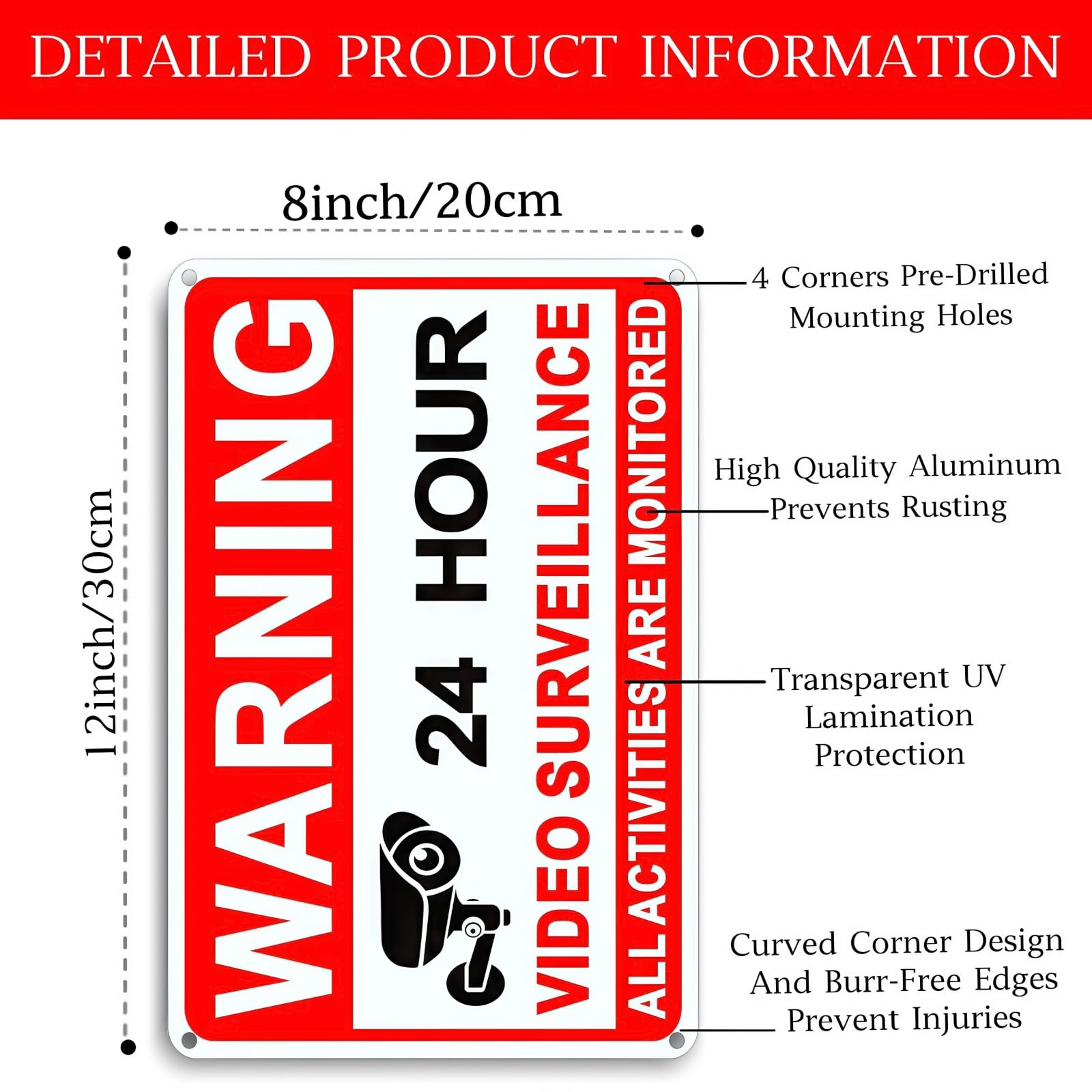 Paquete de 4 letreros de videovigilancia de 12 x 8 pulgadas, señal de cámara de seguridad, de aluminio libre de óxido, para exteriores, señal de vigilancia de 24 horas, con material reflectante,