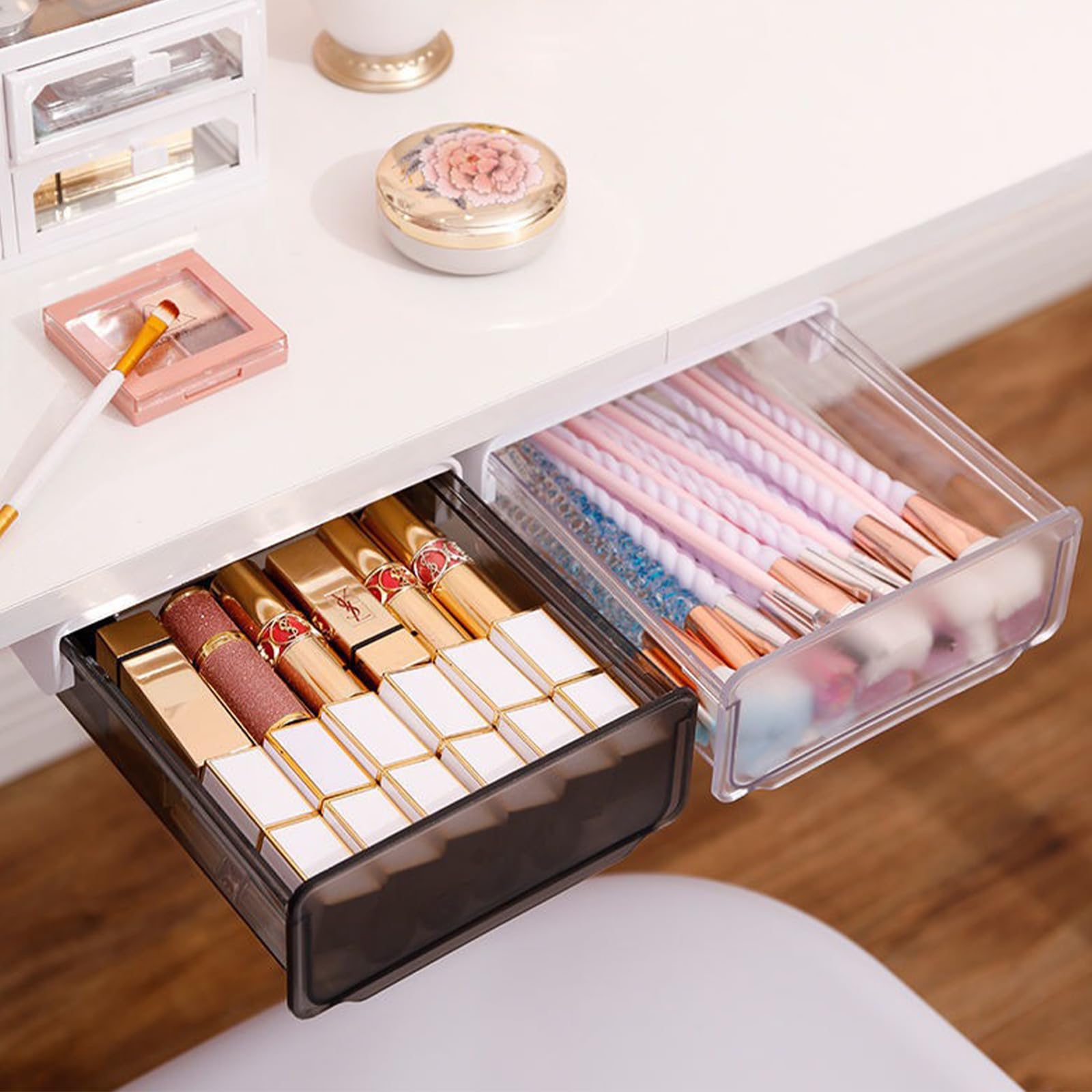 Selbstklebende Schreibtischschublade für Büro, Zuhause, Schule, Küche, 2 Packungen, versteckter Organizer, ausziehbar, große Aufbewahrung, Schreibtischablage für Büro, Zuhause, Schule, Küche (schwarz)