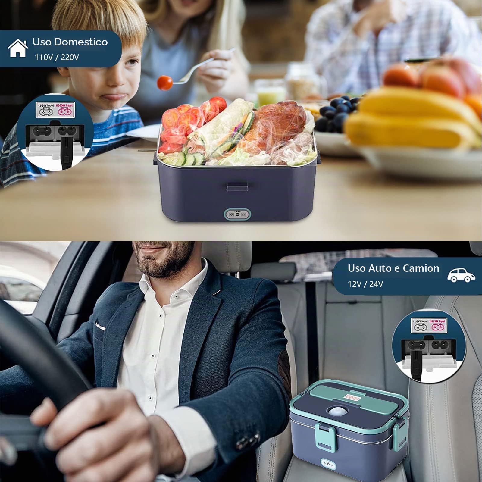 mumisuto Scaldavivande Elettrico Portatile 60W, 3 in 1 12V/24V/220V Elettrico Lunch Box, Porta Pranzo in Acciaio Inox, con Forchetta Cucchiaio e Borsa per il Trasporto, per Auto Camion Ufficio