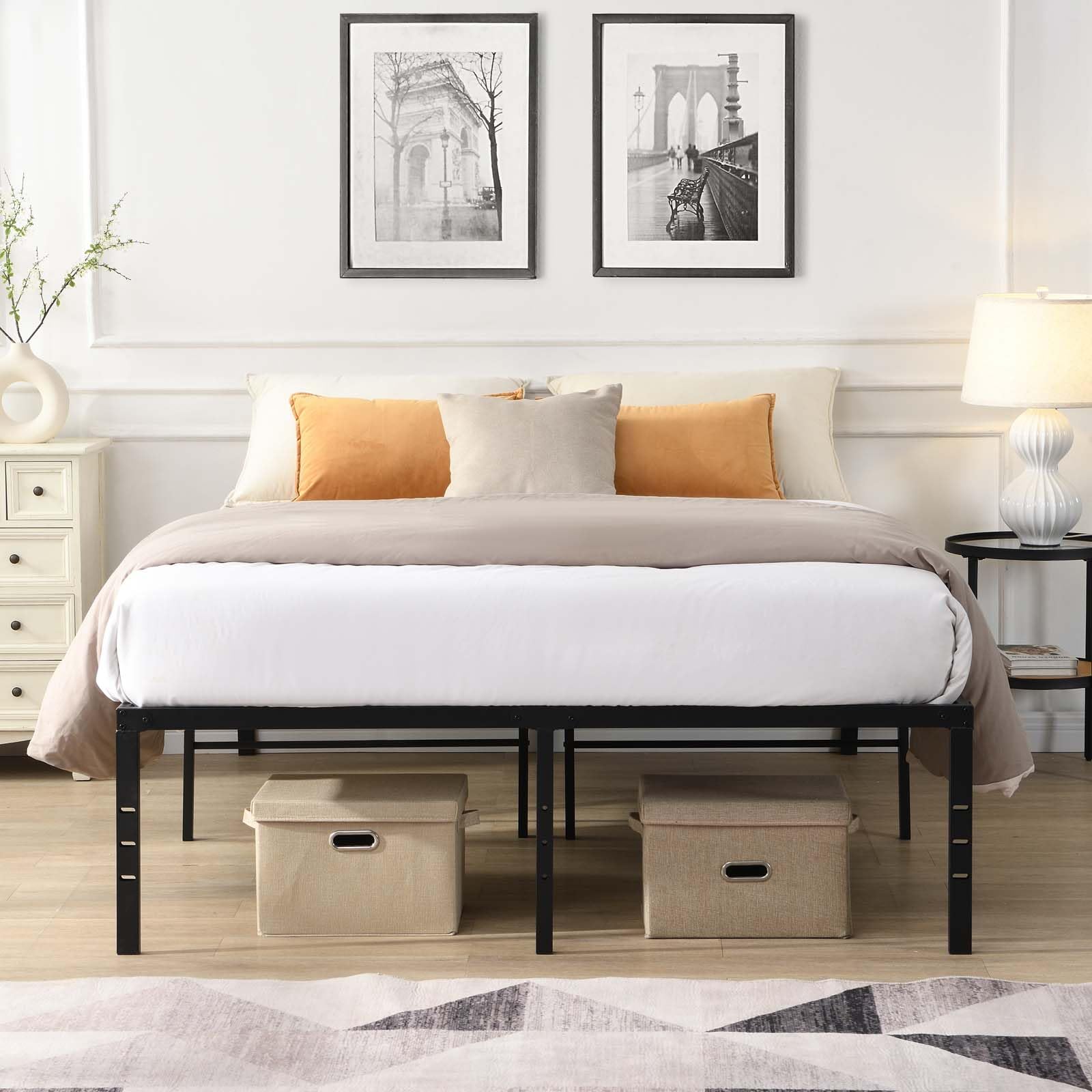 King Size Black Bed Heavy Metal Platform Bed Frame with Storage Sturdy Slat Support No Headboard Easy Assembly