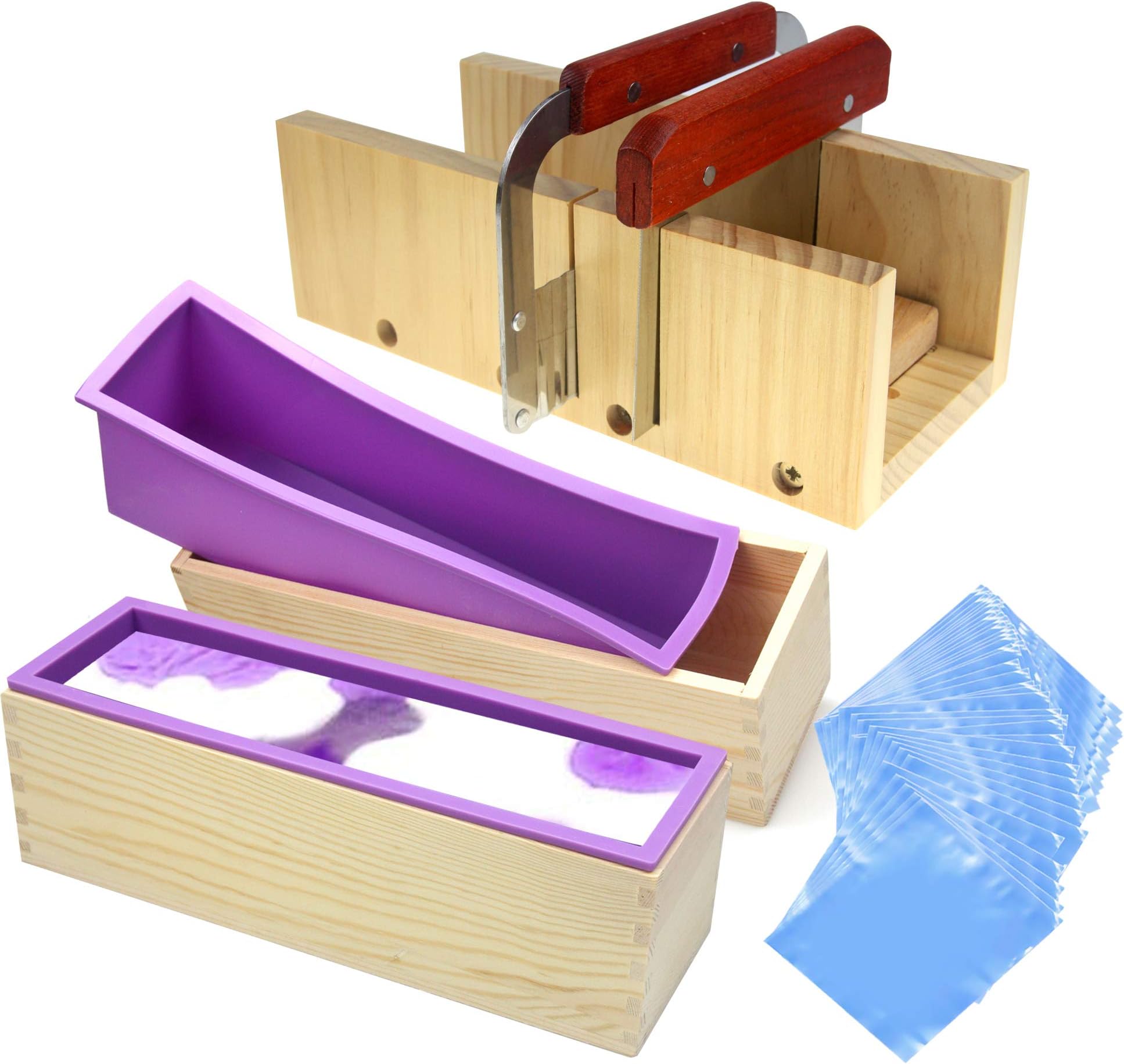 Voulosimi Silicone Soap Mold - Soap Making Cutting Mold Soap Cutter with Wavy Cutter & Straight Slicer and 100 Pcs 6 x 6 inch Shrink Wrap Bags