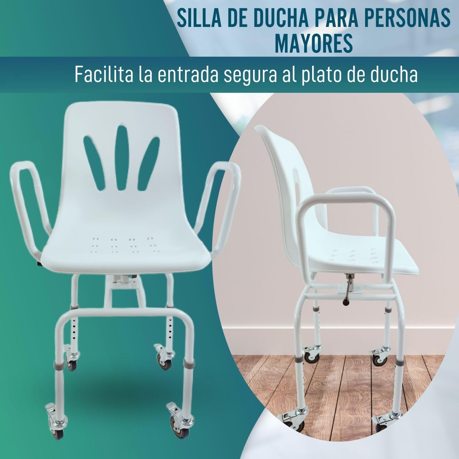 OrtoPrime Silla Ducha Personas Mayores Asiento Giratorio 360º Silla Ducha Mayores Silla Baño Ancianos Ducha - Silla Ducha con Ruedas y Frenos - Silla Ortopédica Silla de Ducha para Personas Mayores