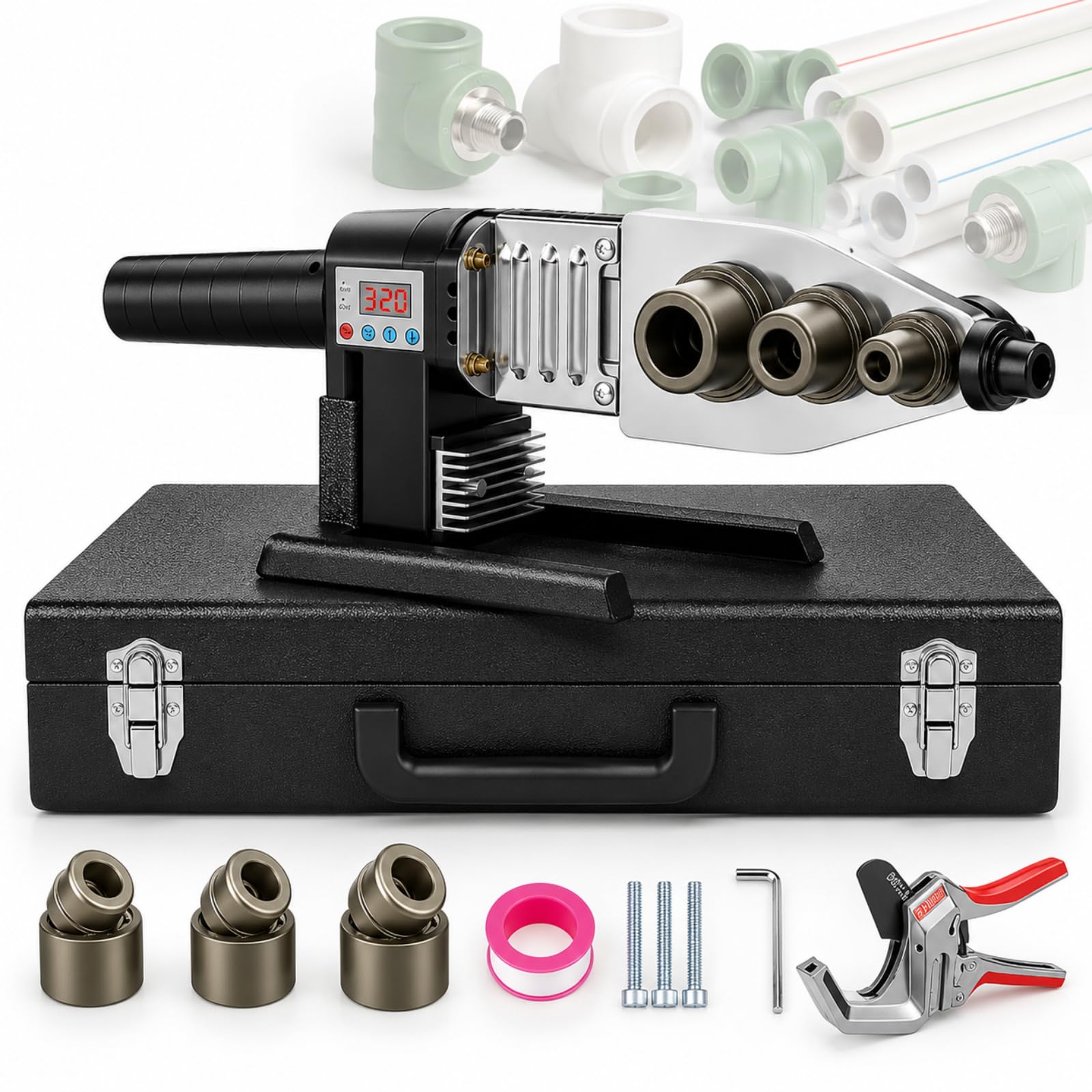 AMQYDT Handheld Plastic Pipe Fusion Welder, Portable Pipe Hot Melting Machine With 100-320°c Digital Display, 20-63mm Die Heads, Pipe Cutter, Adjustable Stand, Storage Box For Ppr Pe Pp Water