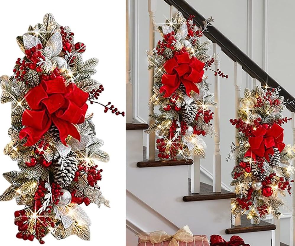 Wreath Stairway Swag Trim,Christmas Garland Cordless Stairs Decoration Holiday Classics Stair Swag Christmas Decoration with Lights (#2)