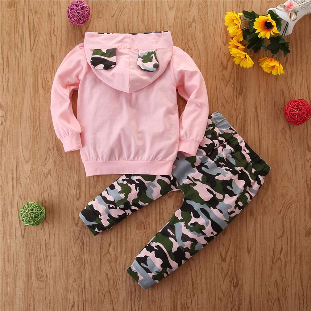 ITFABS 2pcs Baby Boy Girl Outfit Cotton Mama Boys Girls Romper Bodysuits Camouflage Pants Outfits Spring Summer Clothes (6-12 Months, Pink Hooded Camo Pants Outfits)