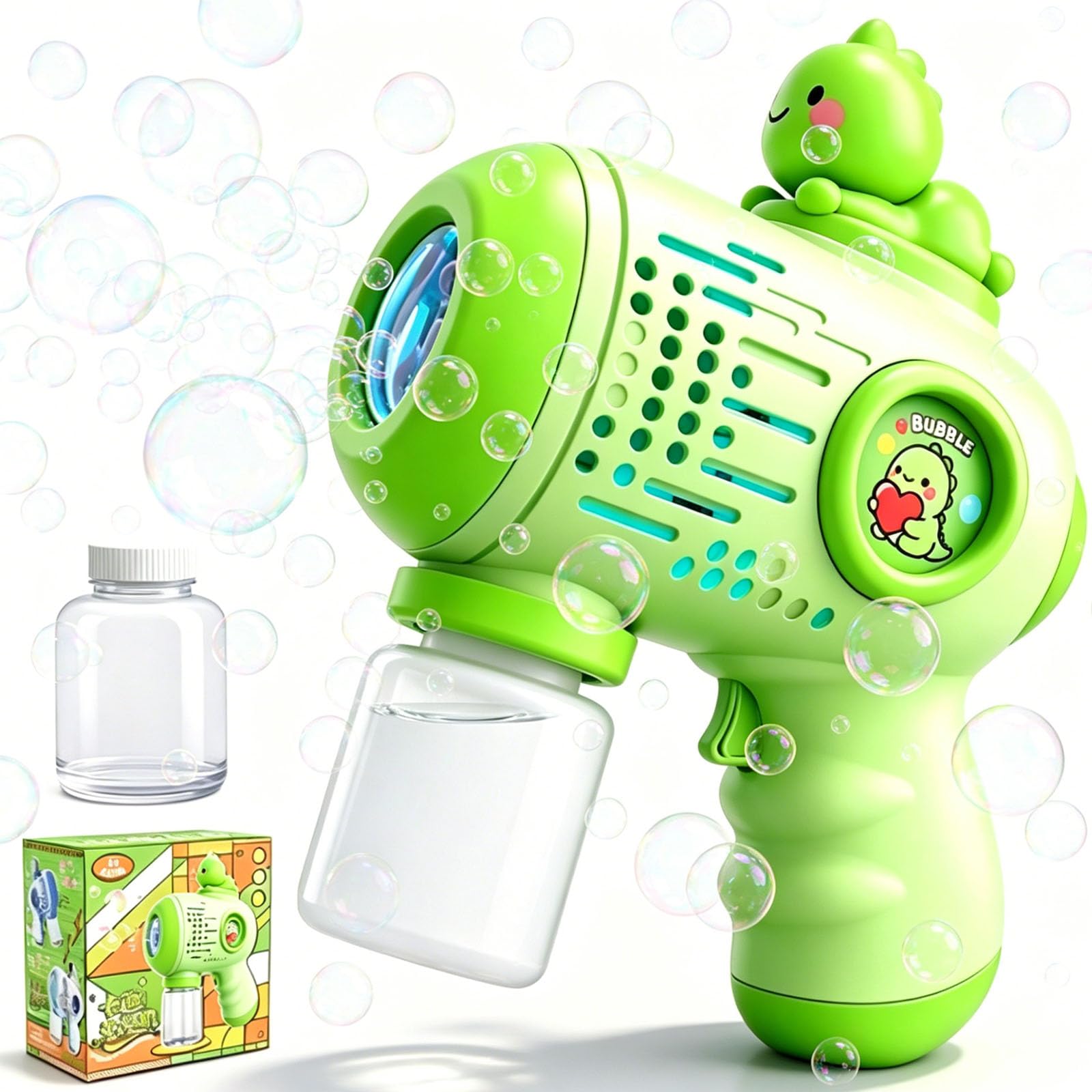 Dinosaur Bubble Gun for Kids - Automatic Bubble Machine with 65ml Bubble Solution, Handheld Blower Toy for Outdoor Garden Park Birthday Gift for Boys Age 3 4 5 6 7+ Years Old - Green