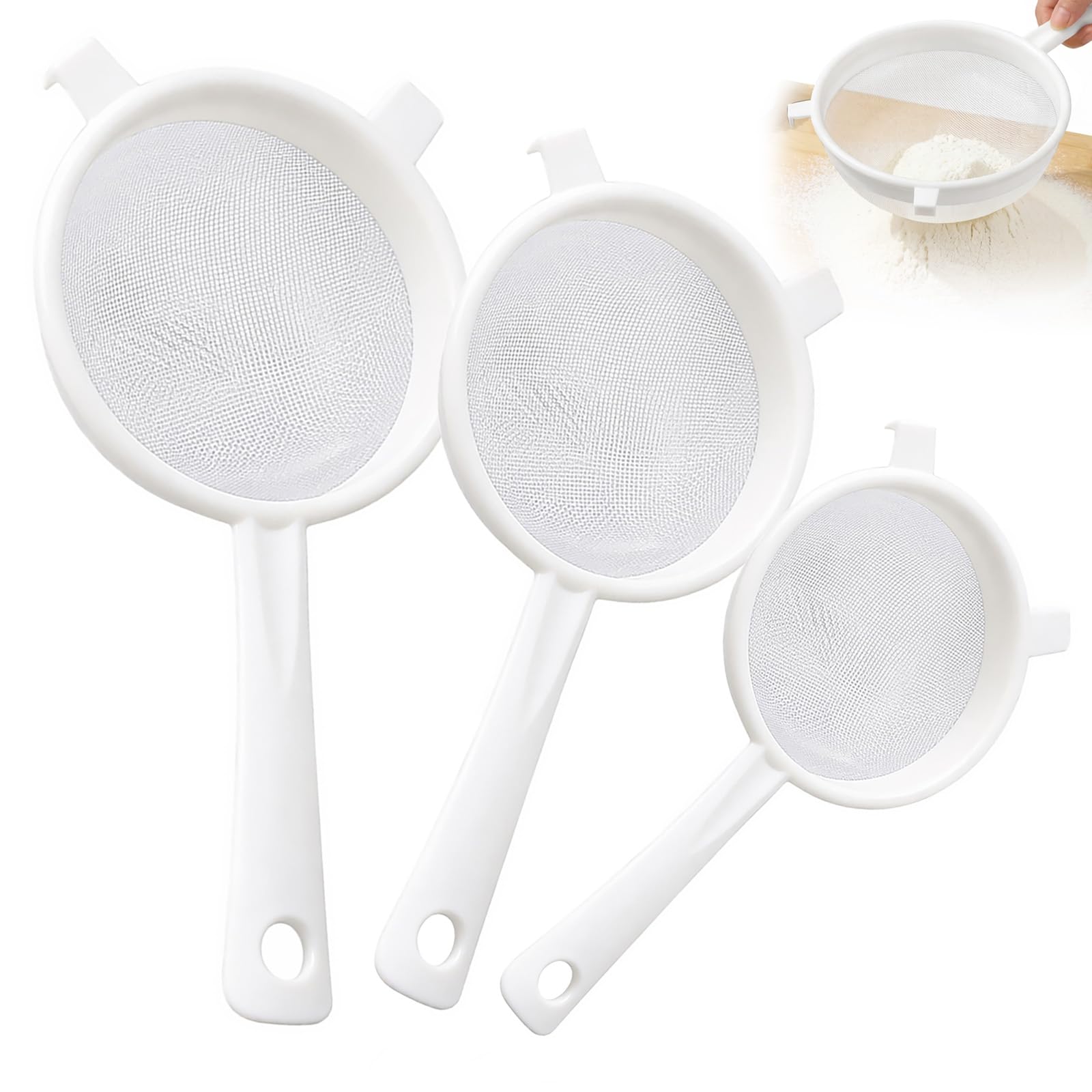 3-Piece Plastic Fine Mesh Strainer Set with Handle - Nylon Sieve Colander for Kitchen, Baking, Tea, Juice, Yogurt and Flour Sifter - Lightweight and Rust-Proof