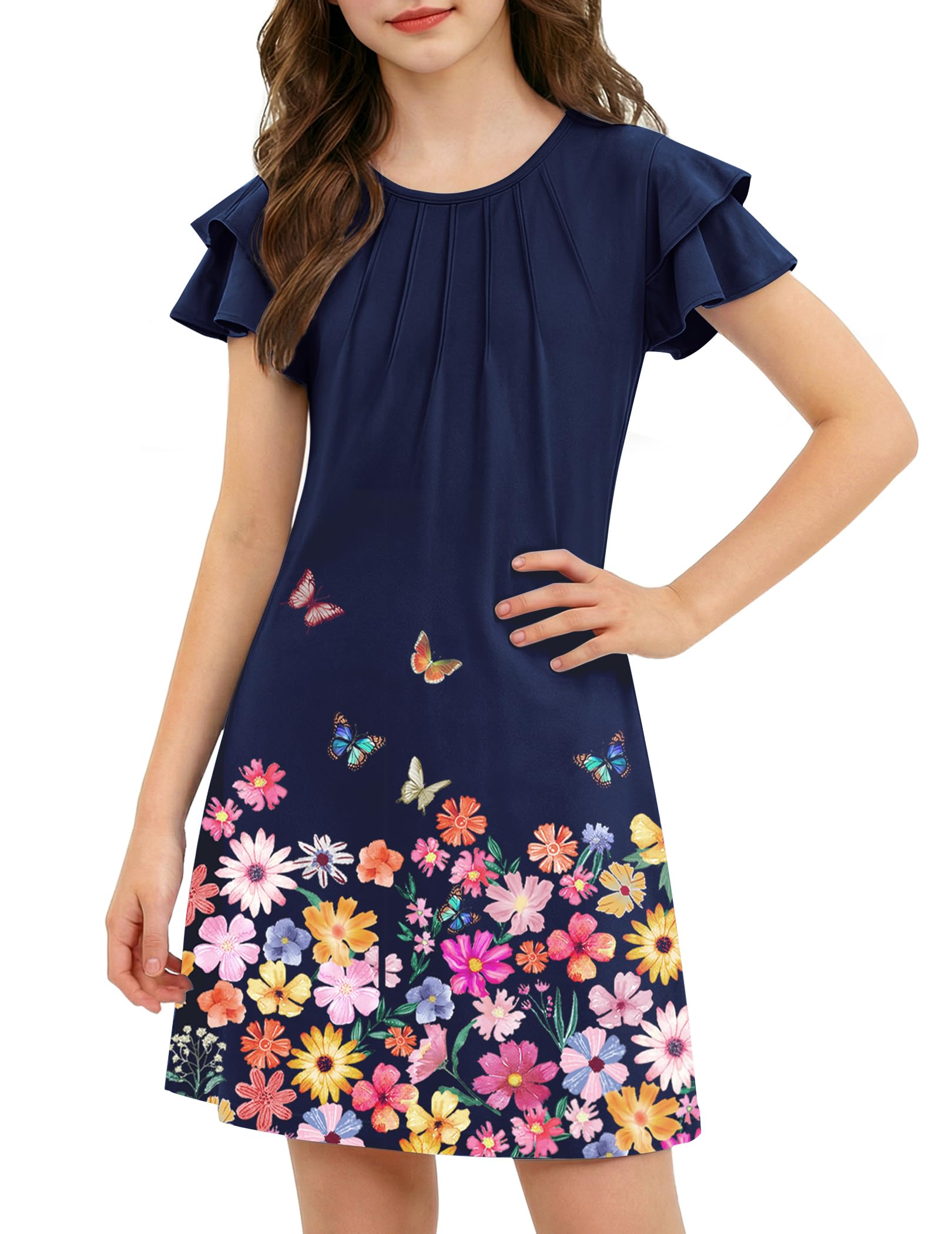 Arshiner Mädchen Kleider Sommer Plissiertes Gewellte Ärmel Kinder Einfarbig/Bedruckt Elegante Festliches Sommerkleid Freizeitkleid Kurzarm A-Linie Kinderkleid 6-14 Jahre
