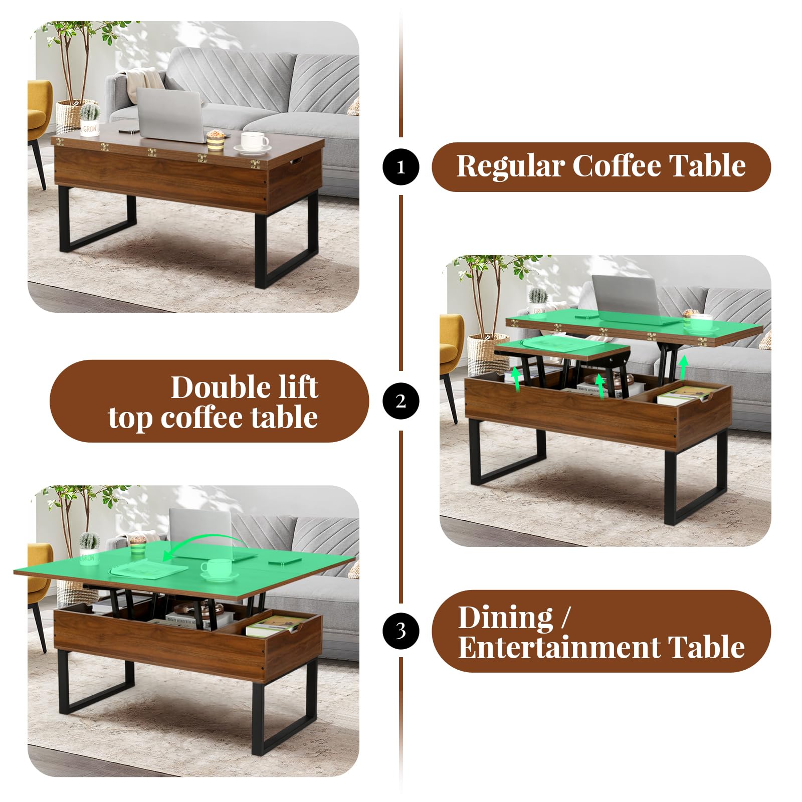 VOWNER Table Basse Relevable, Table de Salon Multifonctionnelle 3 en 1 avec Rangement Caché, Table Basse Convertible Manger de Salon, Couleur Noyer