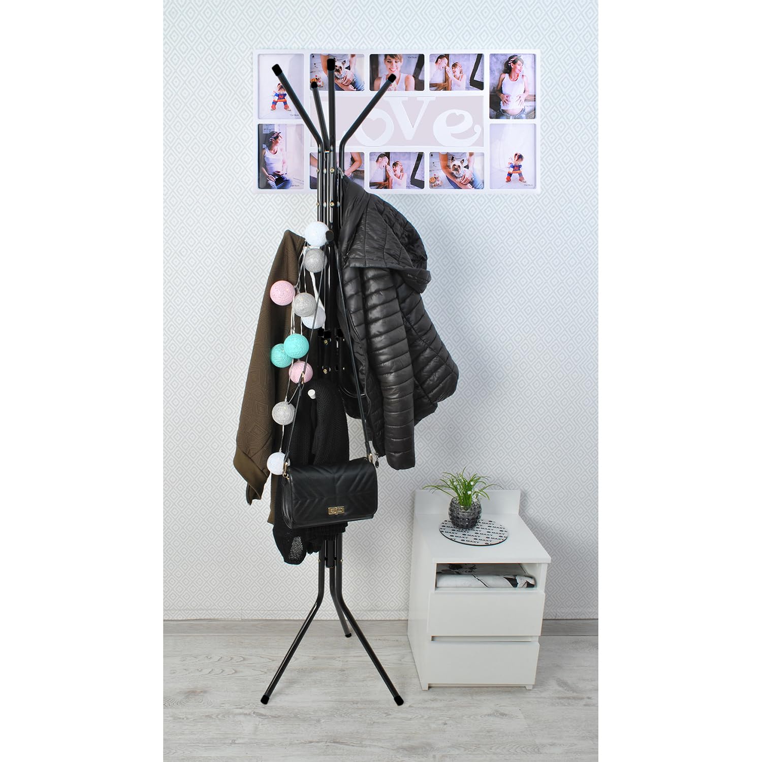 Ruhhy Appendiabiti a 12 ganci, 3 livelli, 175 cm, per giacche, cappotti, sciarpe, borse, cappelli, metallo nero/bianco 23814, colore: nero/bianco