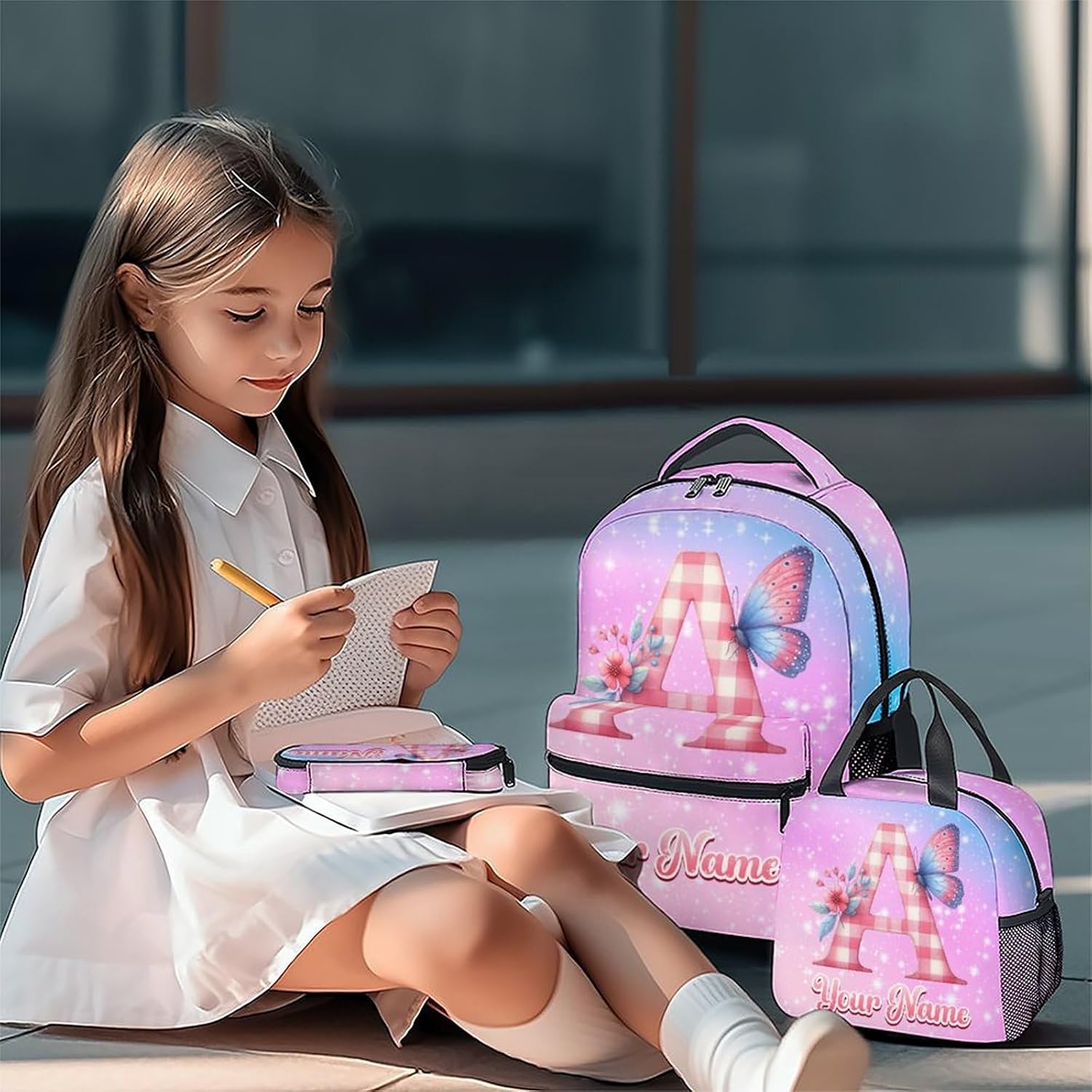 Backpacks for Girls - Personalized Butterfly Kids Backpack for School - Flower Toddler Bookbag with Lunch Box and Pencil Case