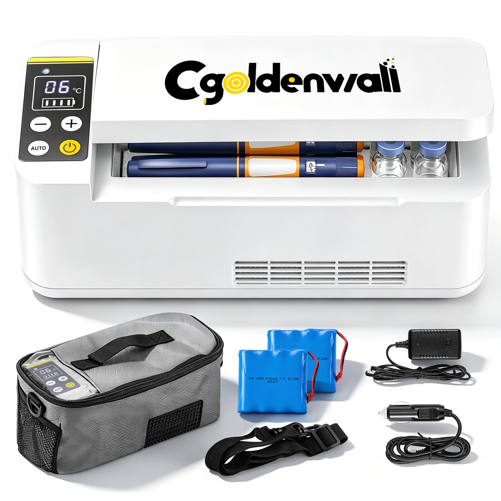 CGOLDENWALL Frigorifero Portatile per Insulina 180 * 79 * 31mm Grande Capacità, Refrigeratore di Medicinali, 6-8 Ore di Durata della Batteria, con Sistema di Allarme & Display a LED Tattile (Bianco)