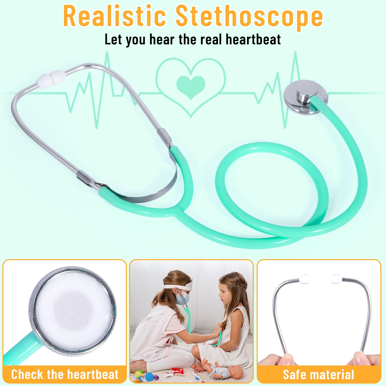 Arztkoffer Kinder Holz, Holz Doktorkoffer Kinder, Mit Echtem Stethoskop, Doktorkoffer mit Stethoskop, Thermometer, Spritze, Arzttasche und Arztkittel - 4