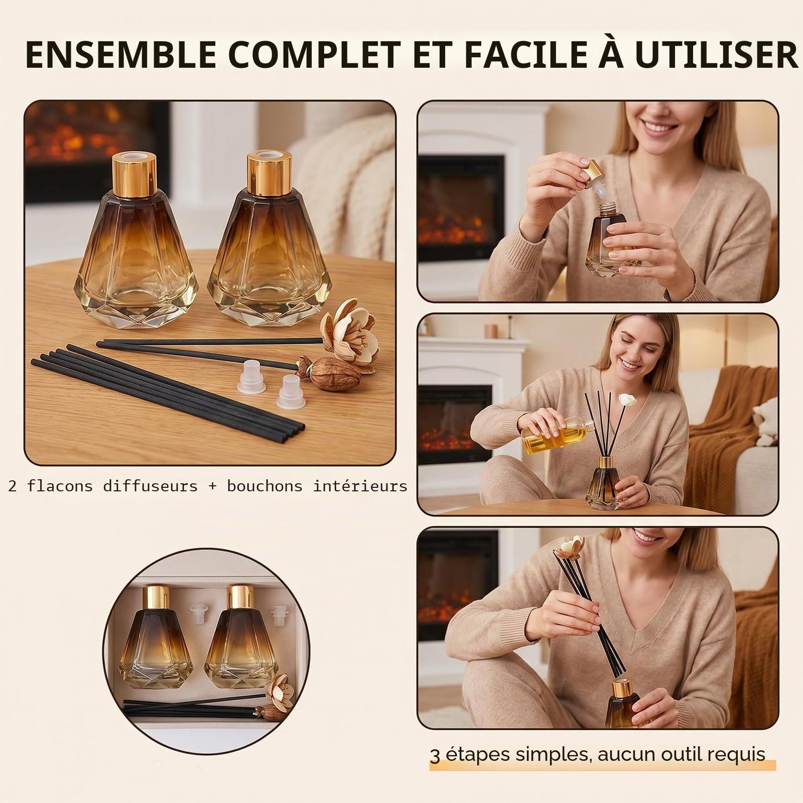 Lot de 2 flacons diffuseurs vides Rechargeables en Verre de 60 ML pour aromathérapie, Parfum, Accessoires de Rechange pour décoration d'intérieur et de Salle de Bain