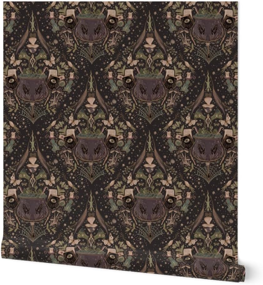 Spoonflower Peel & Stick Wallpaper Swatch - Whimsical Halloween Witchy Goth Haunted Spooky Whimsigoth Dark Magic Mushrooms Spell Book Witches Custom Removable Wallpaper