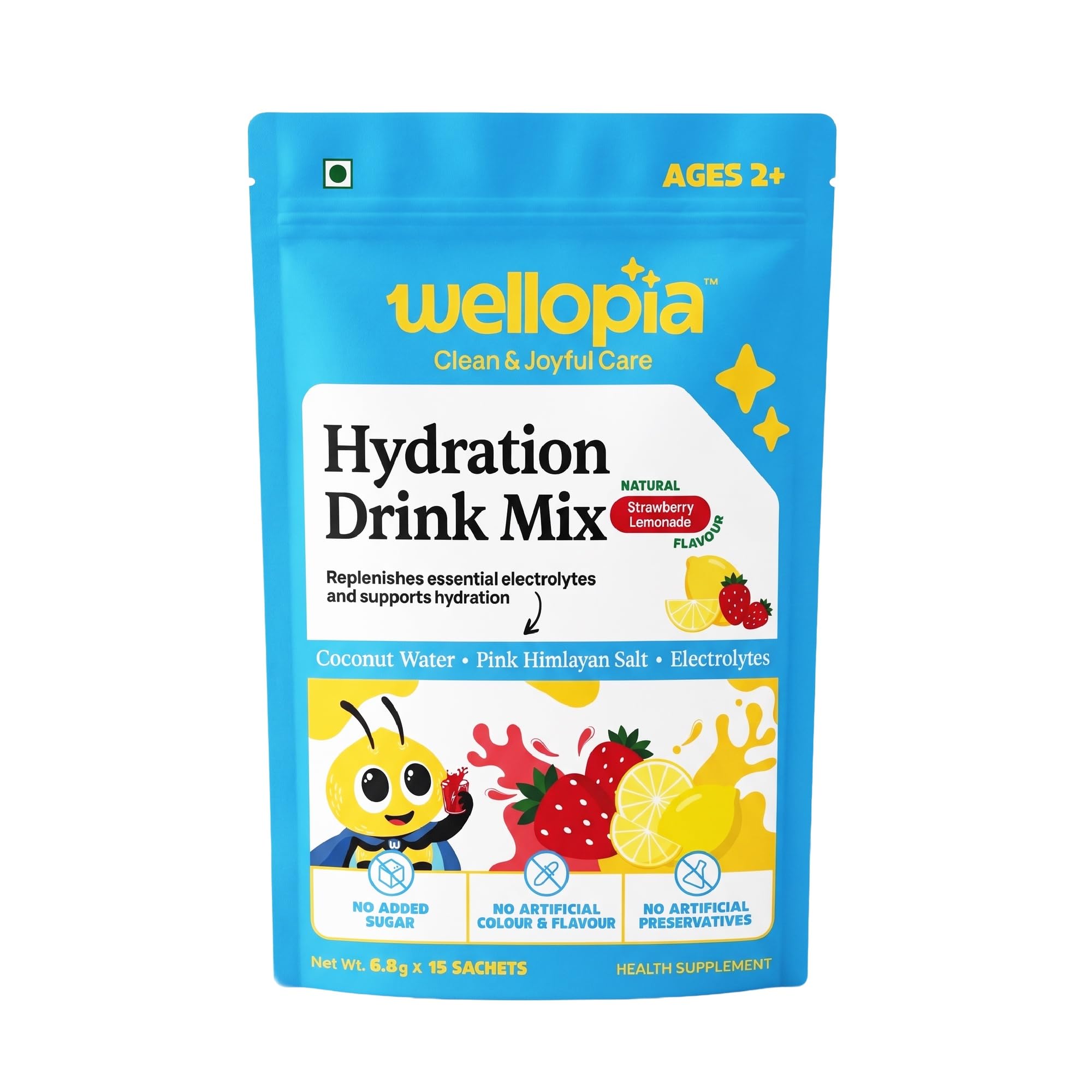 Hydration Drink Mix for Kids | Coconut Water, Pink Himalayan Salt & Electrolytes | Natural Strawberry Lemonade Flavour | No Added Sugar | No Artificial Colours & Preservatives | Ages 2+ | 6.8g x 15 Sachets