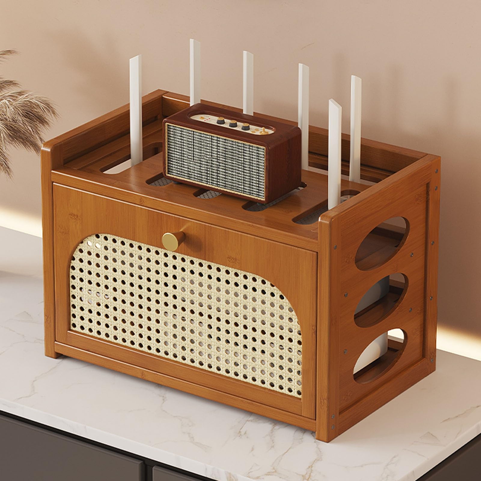 Scatola portaoggetti per router WiFi, organizer per gestione dei cavi, ripiani multistrato per router, striscia di alimentazione e organizer per cavi, struttura in bambù resistente (102,9 cm)